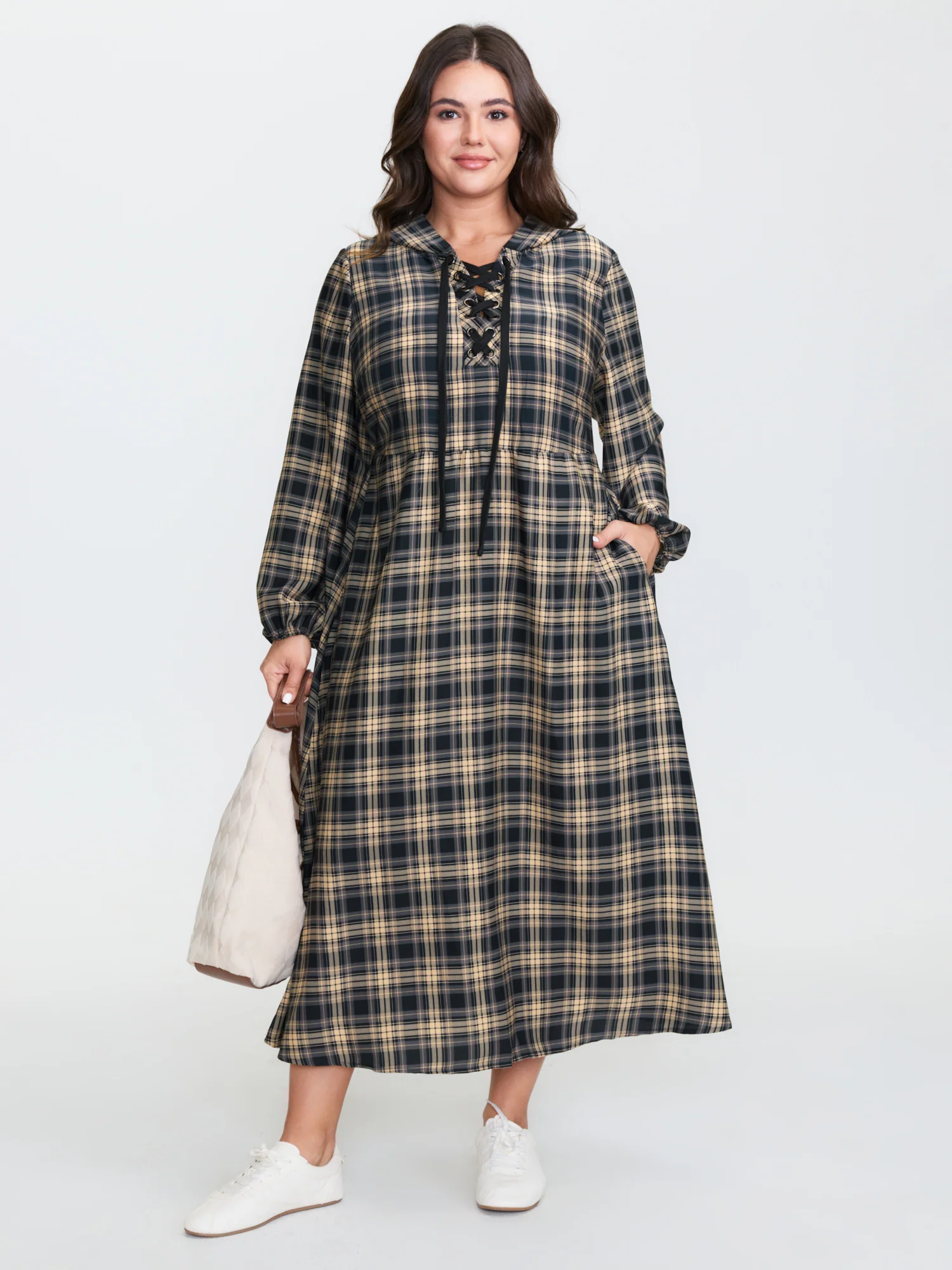 Checkered Pattern Hooded Drawstring Midi Dress