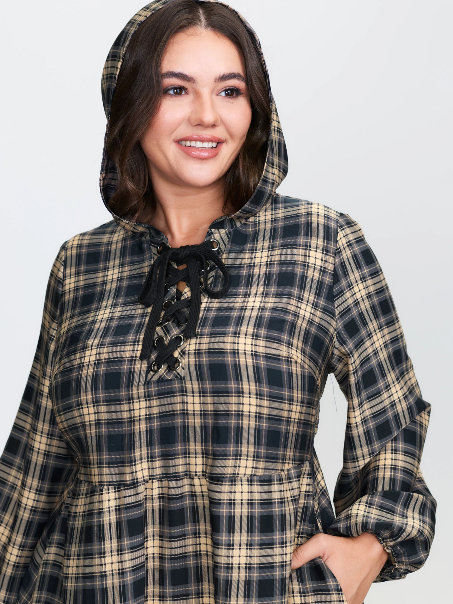 Checkered Pattern Hooded Drawstring Midi Dress - Image 2