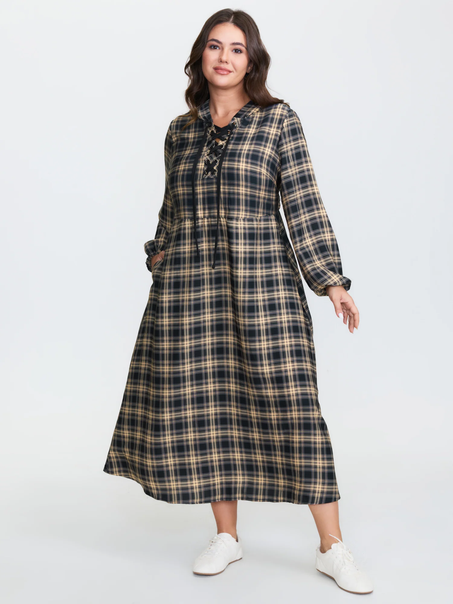 Checkered Pattern Hooded Drawstring Midi Dress - Image 3
