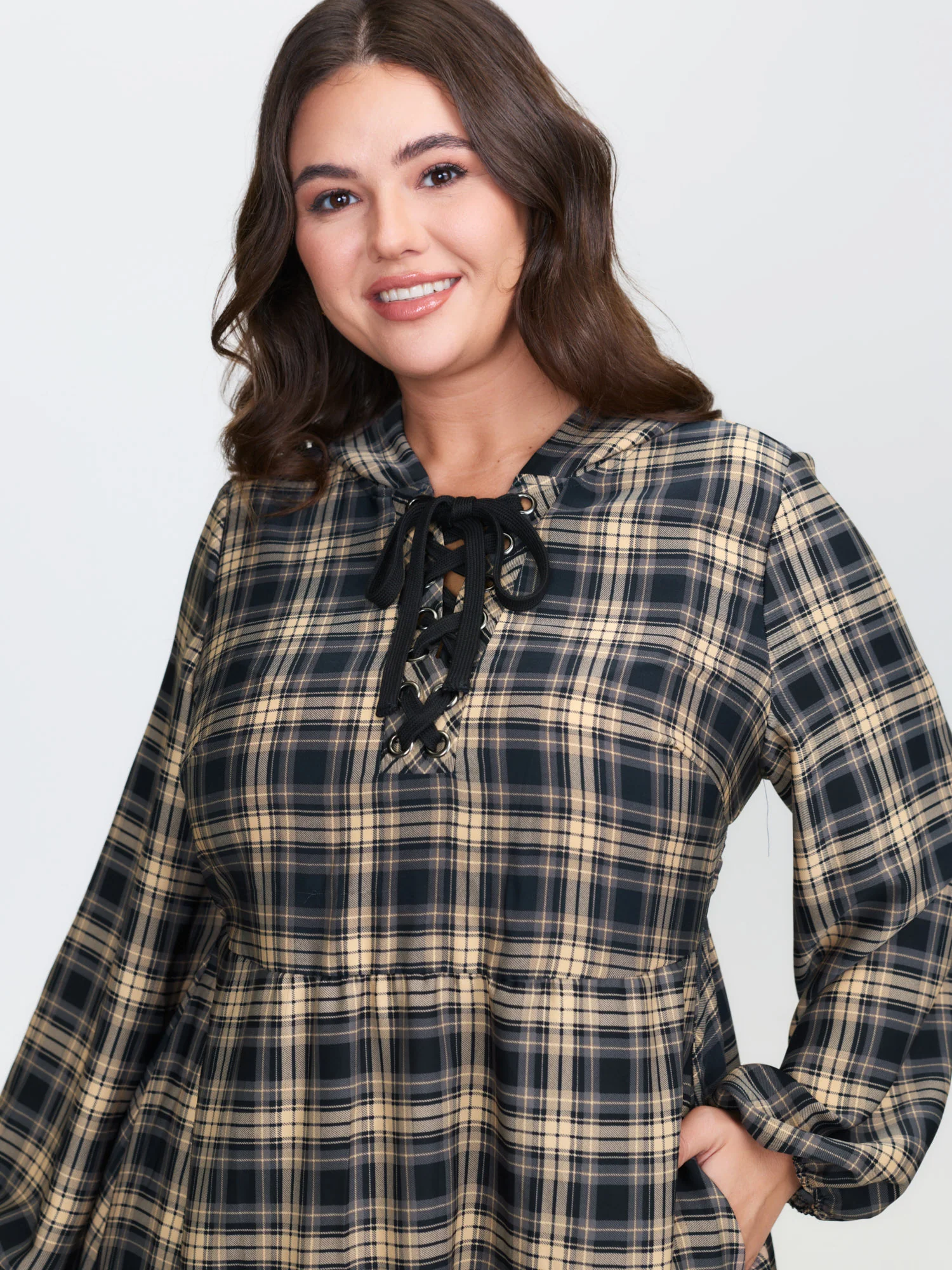 Checkered Pattern Hooded Drawstring Midi Dress - Image 4