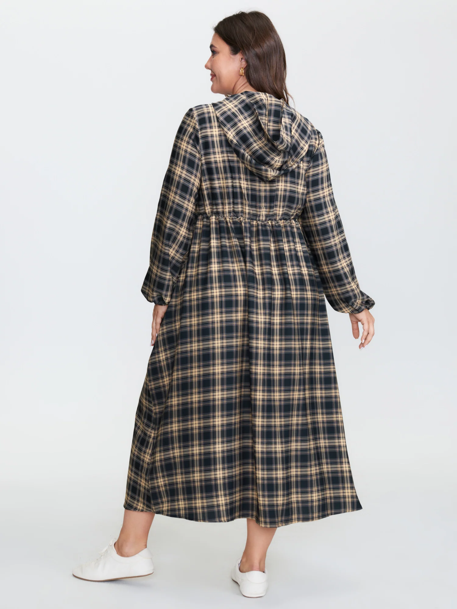 Checkered Pattern Hooded Drawstring Midi Dress - Image 5