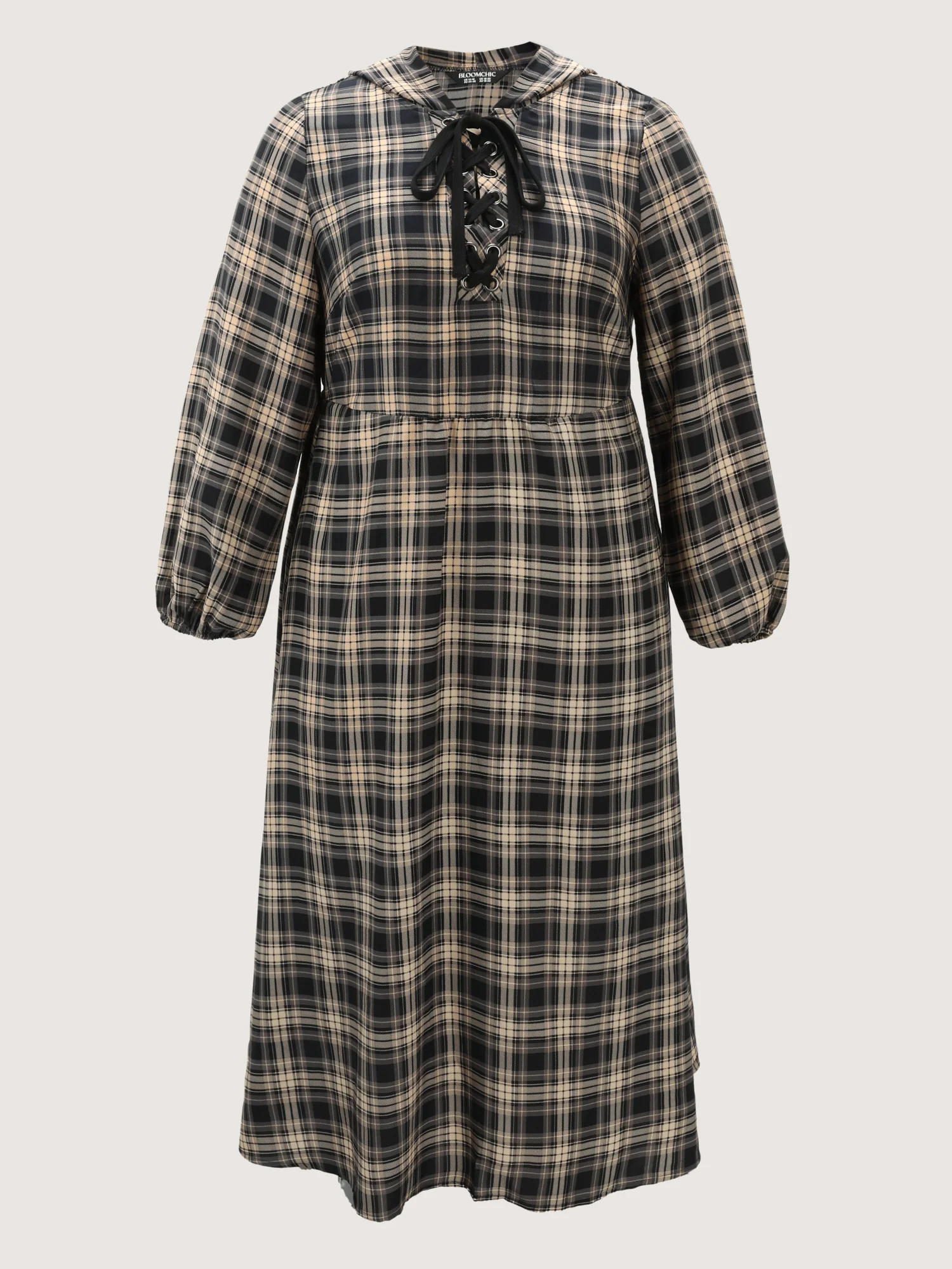 Checkered Pattern Hooded Drawstring Midi Dress - Image 8