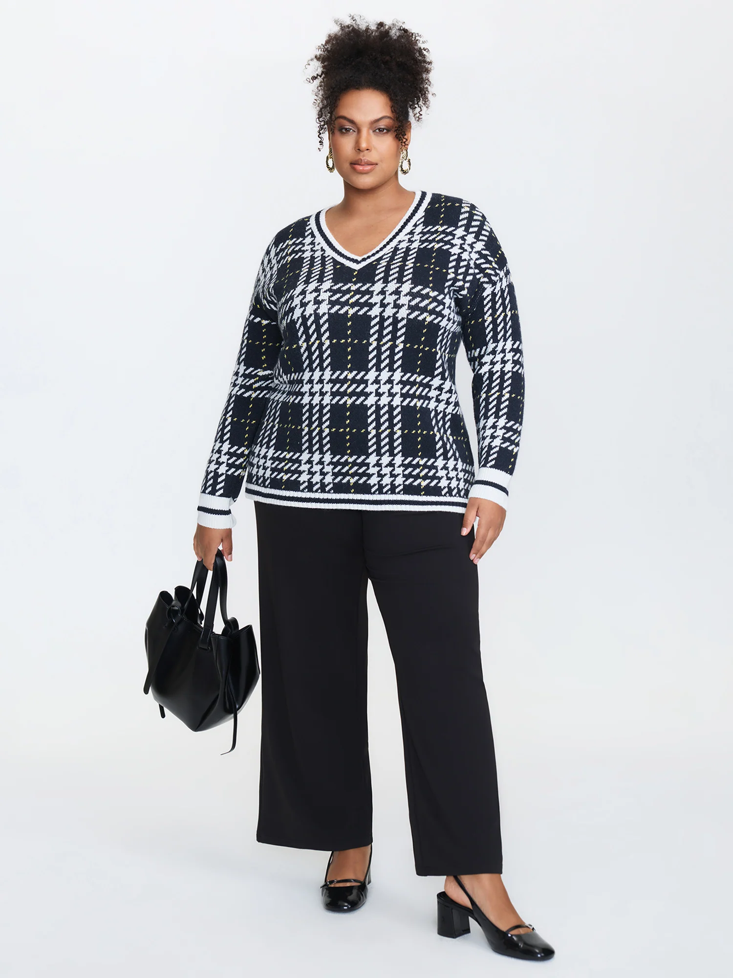Checkered Pattern Jacquard V-Neck Pullover - Image 3