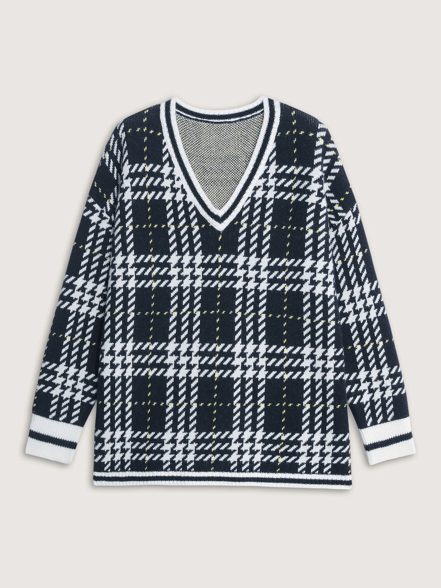 Checkered Pattern Jacquard V-Neck Pullover - Image 7