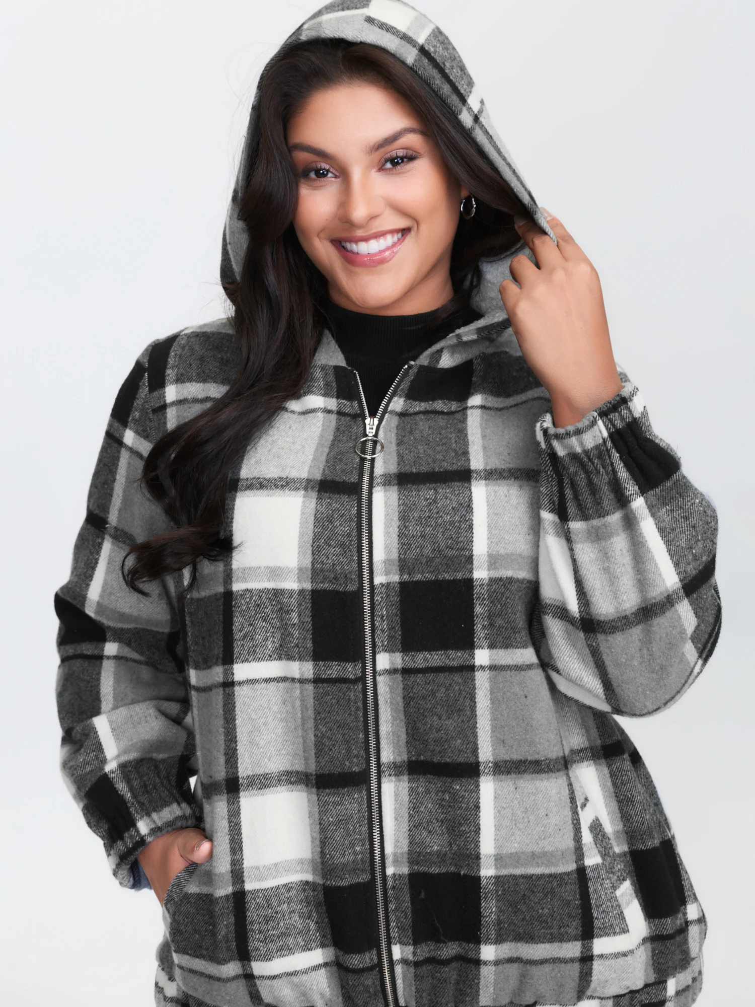 Checkered Pattern Lined Faux Fur Zipper Hoodie - Image 2