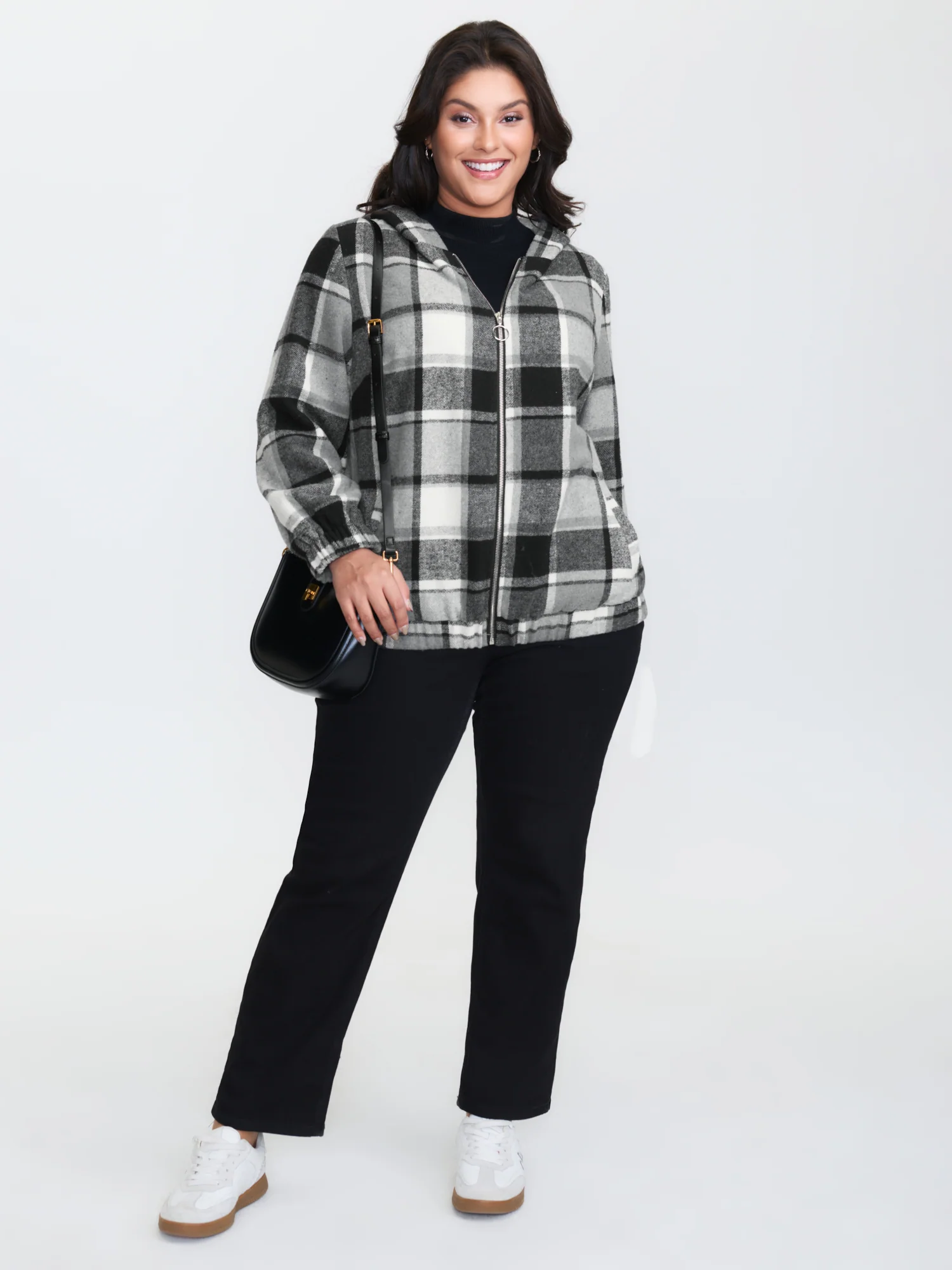 Checkered Pattern Lined Faux Fur Zipper Hoodie - Image 3