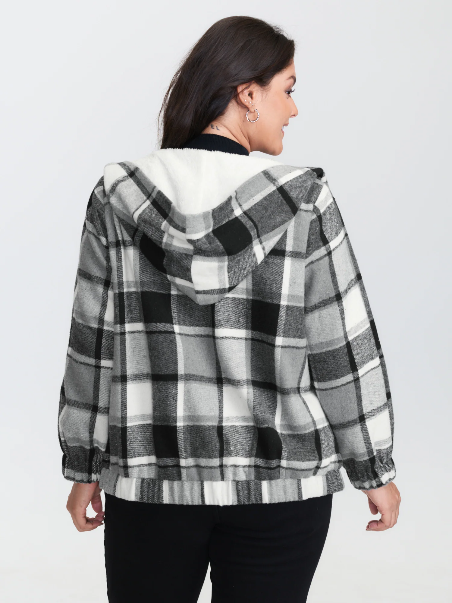 Checkered Pattern Lined Faux Fur Zipper Hoodie - Image 4