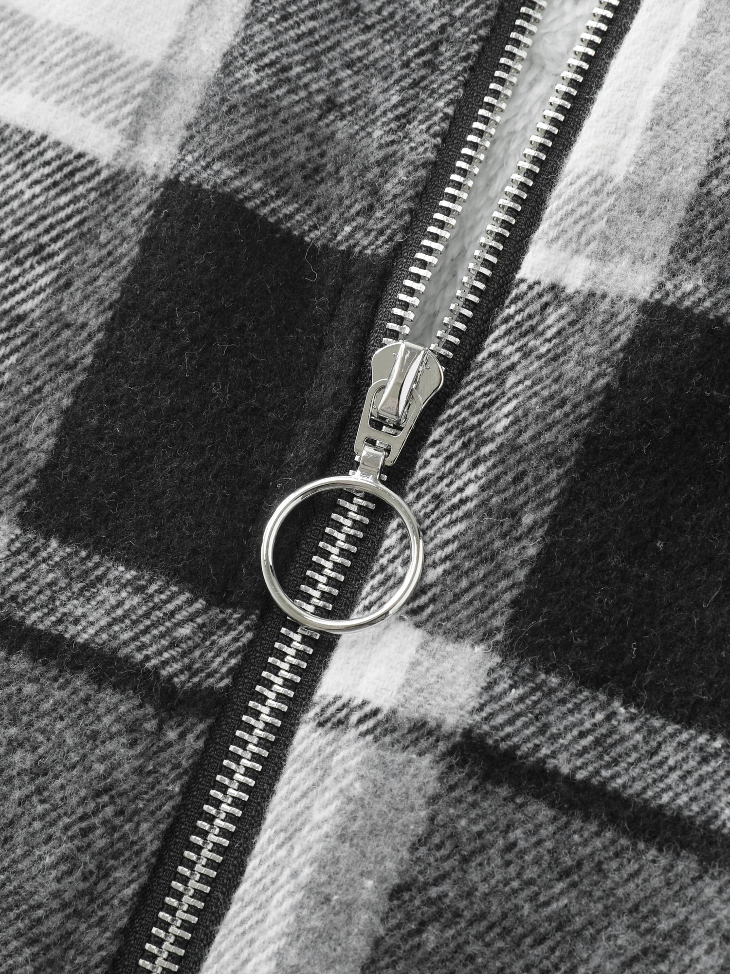 Checkered Pattern Lined Faux Fur Zipper Hoodie - Image 5