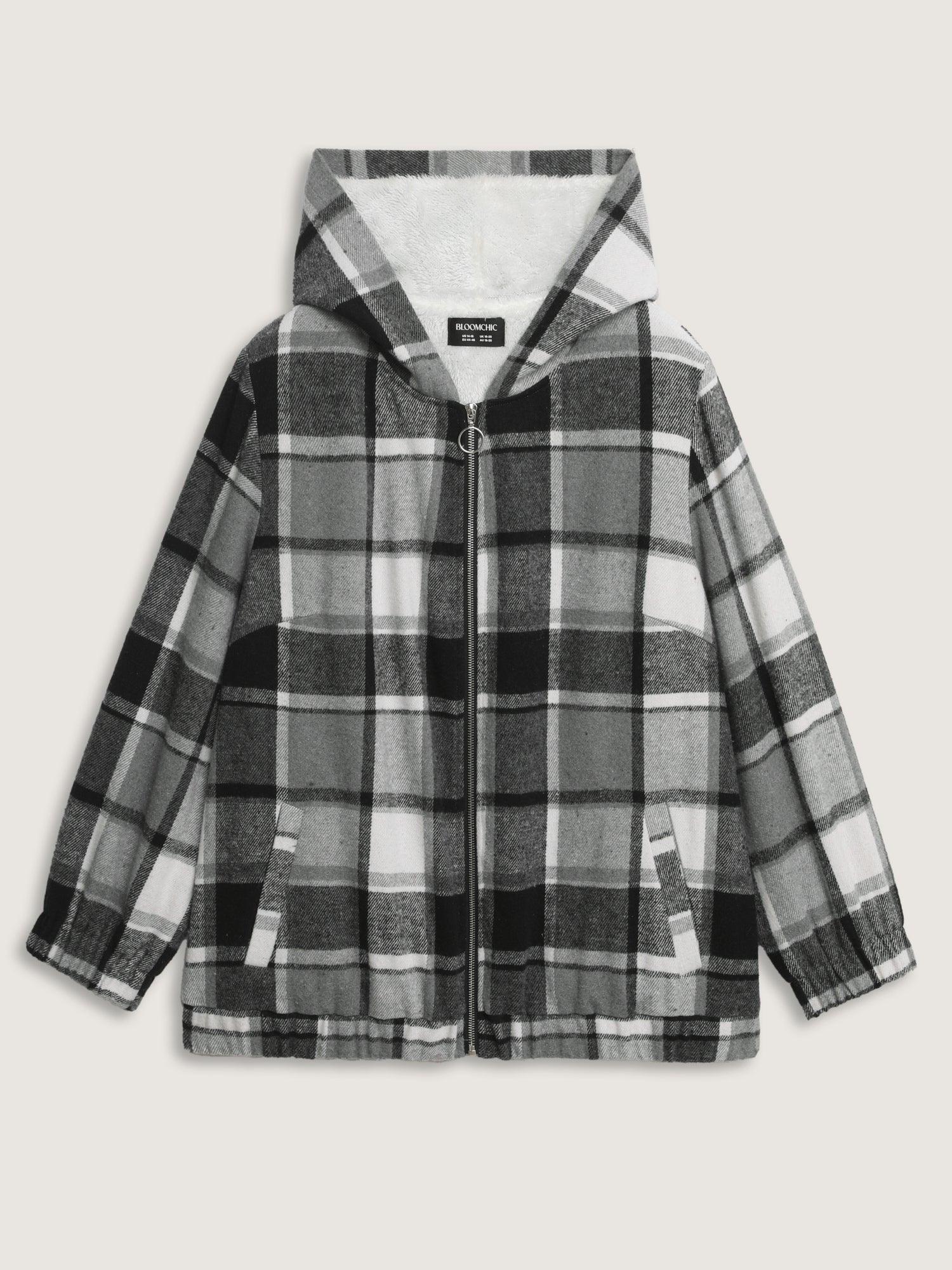 Checkered Pattern Lined Faux Fur Zipper Hoodie - Image 8
