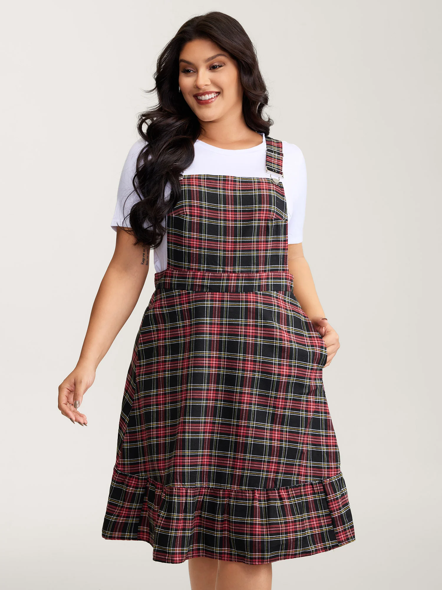 Checkered Pattern Overall Pockets Midi Dress