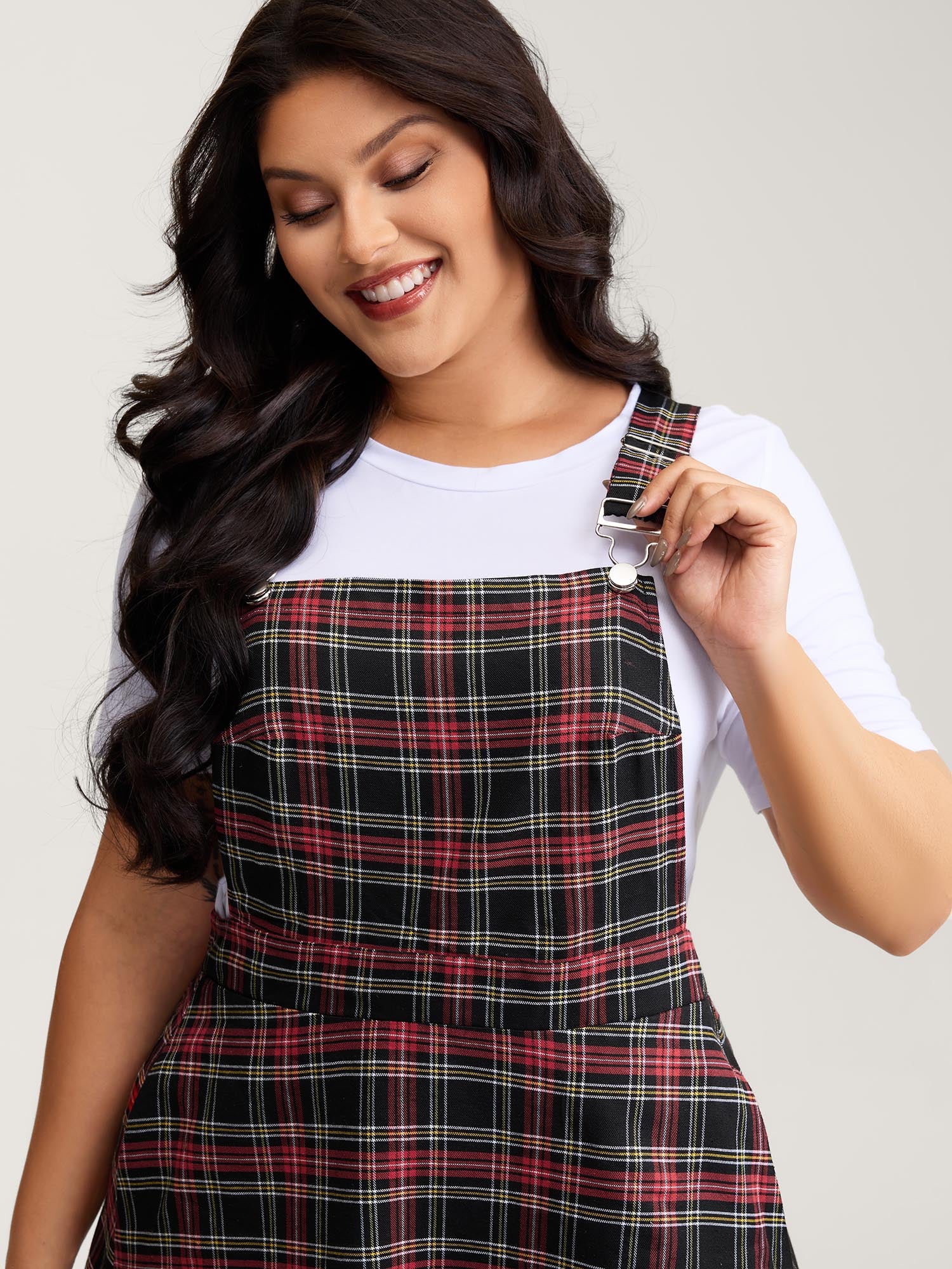 Checkered Pattern Overall Pockets Midi Dress - Image 2