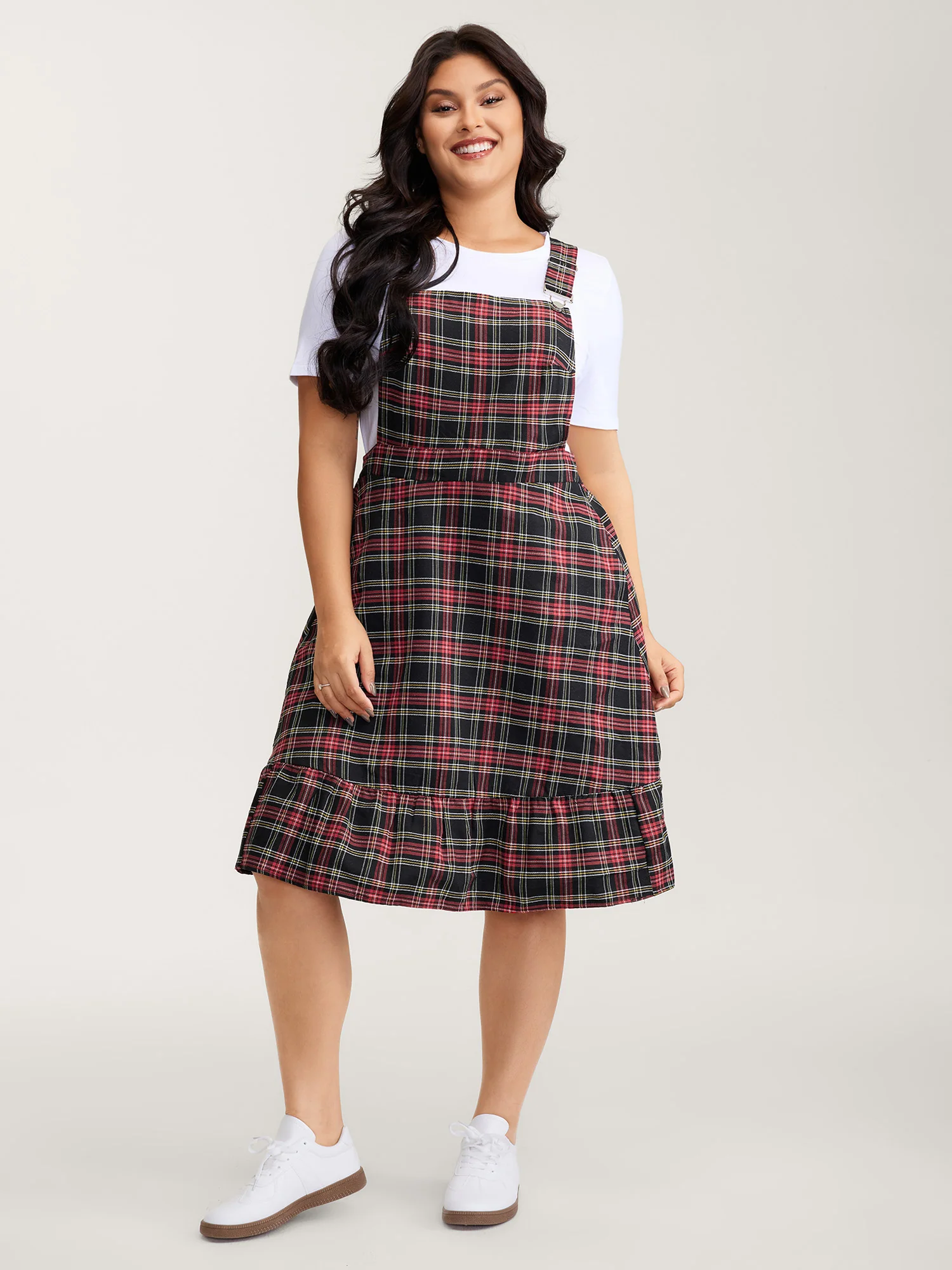 Checkered Pattern Overall Pockets Midi Dress - Image 3