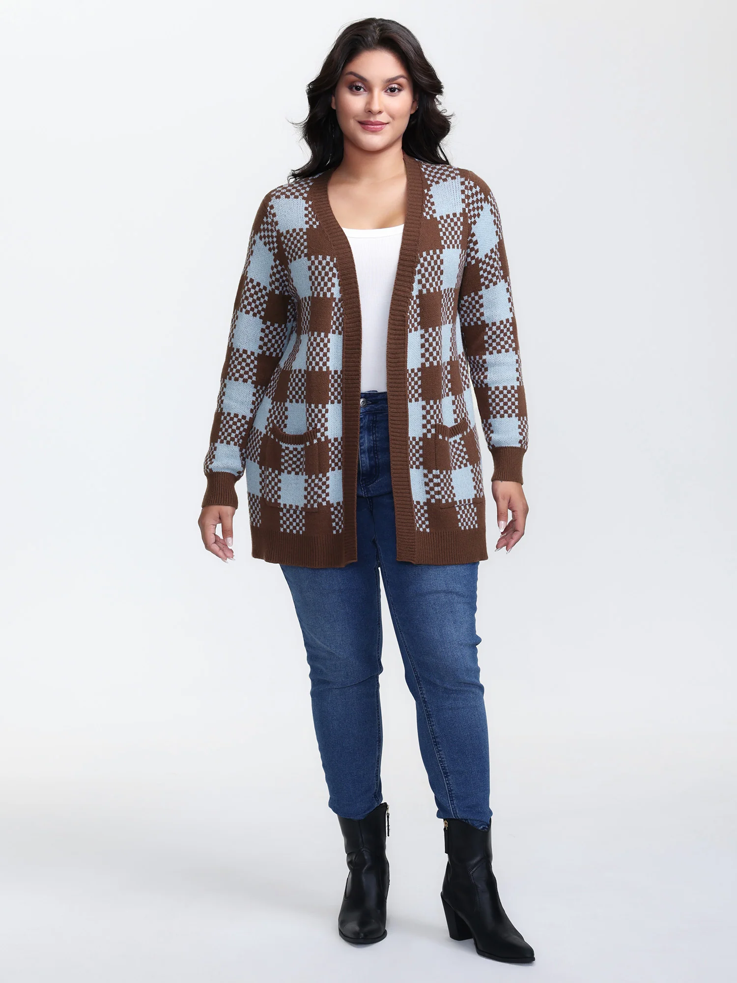 Checkered Pattern Pockets Knit Cardigan - Image 2