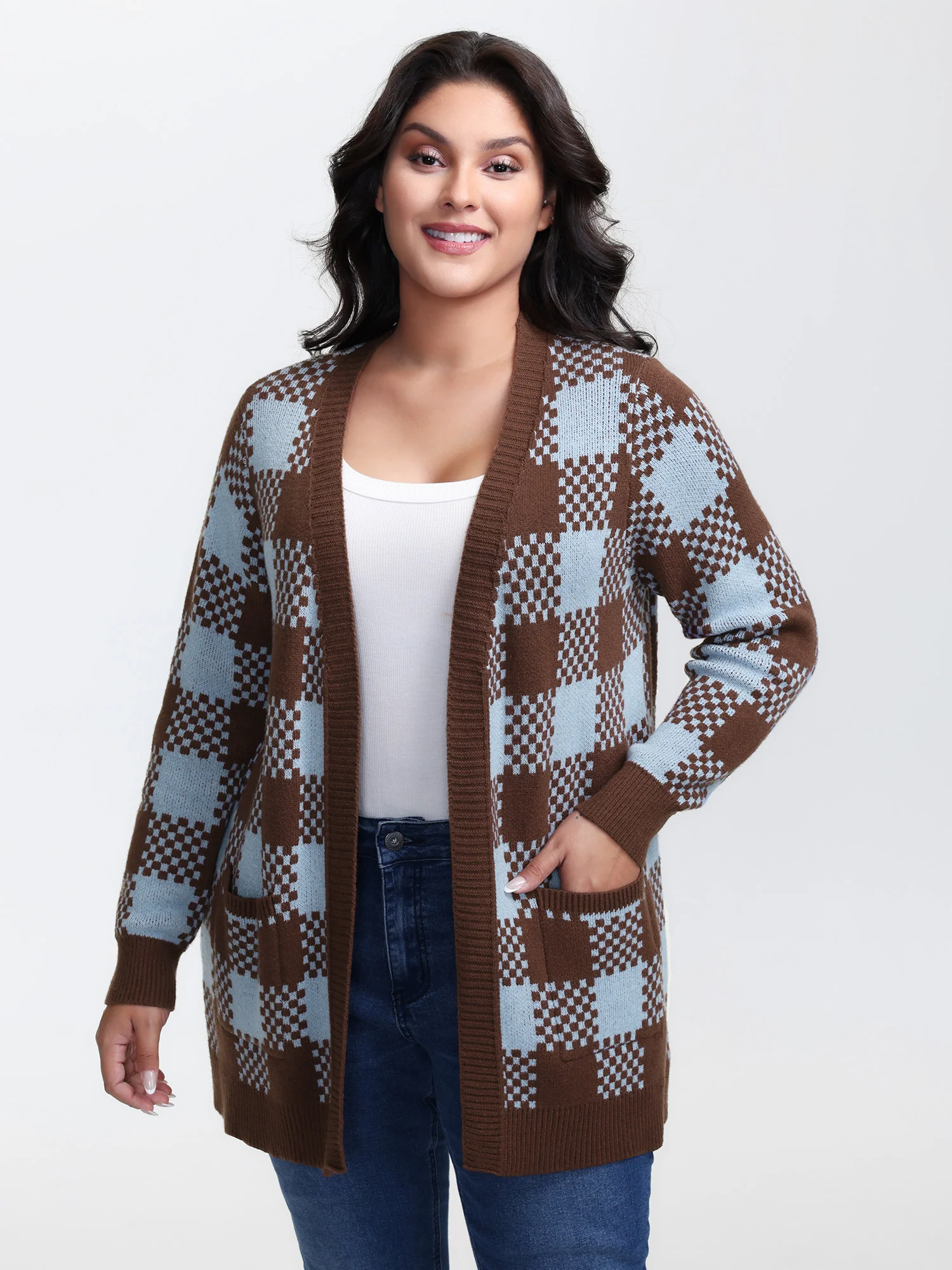 Checkered Pattern Pockets Knit Cardigan - Image 3