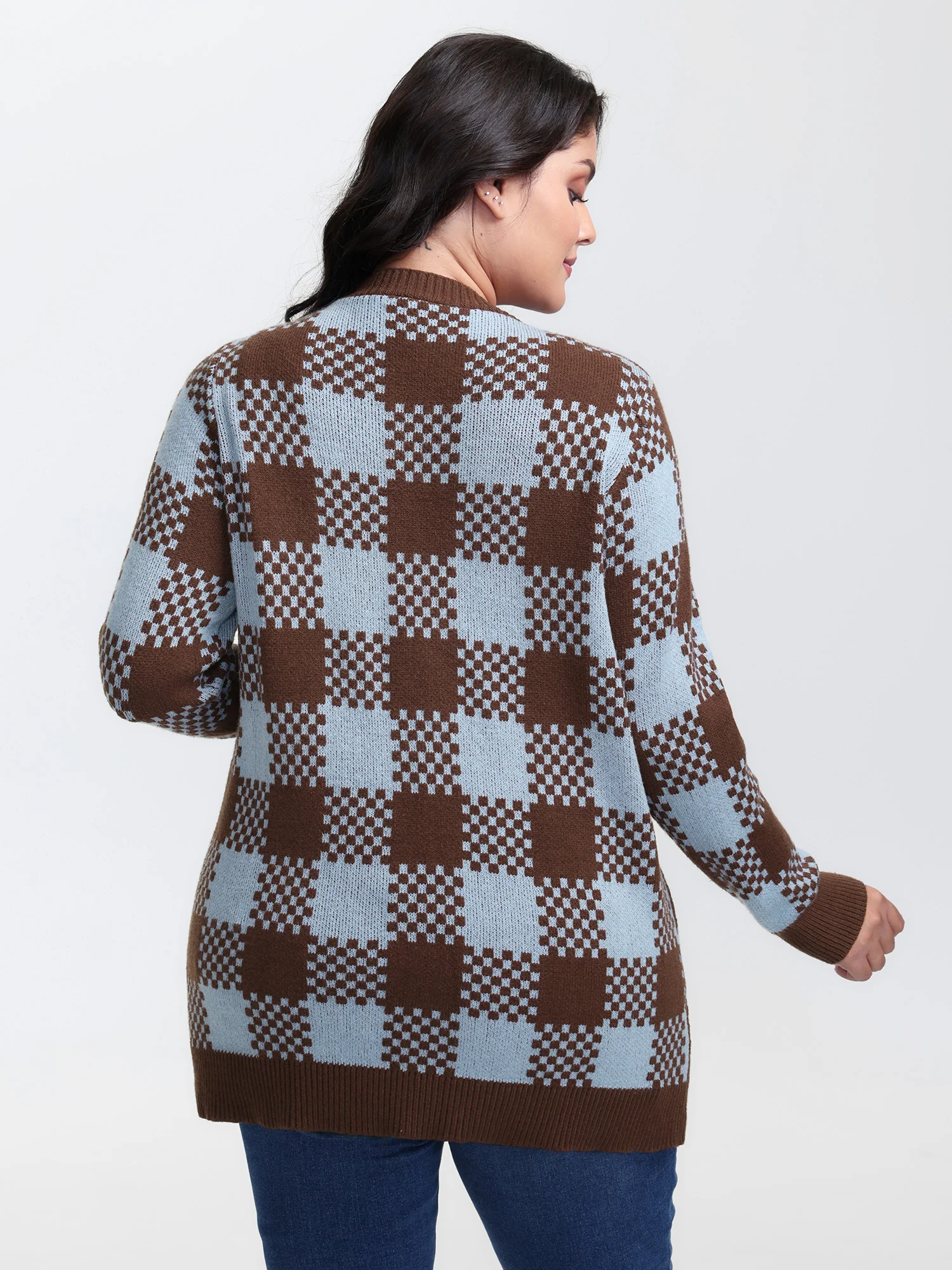 Checkered Pattern Pockets Knit Cardigan - Image 4