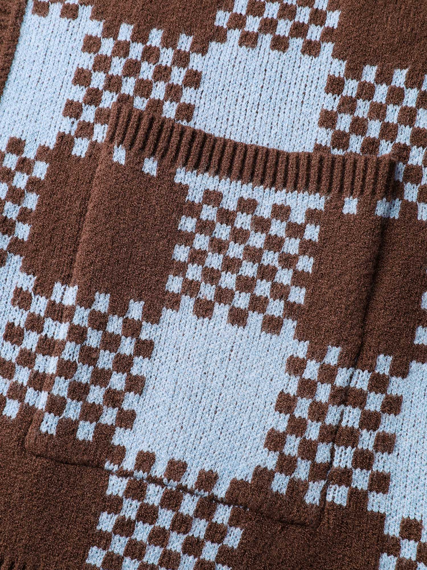 Checkered Pattern Pockets Knit Cardigan - Image 5