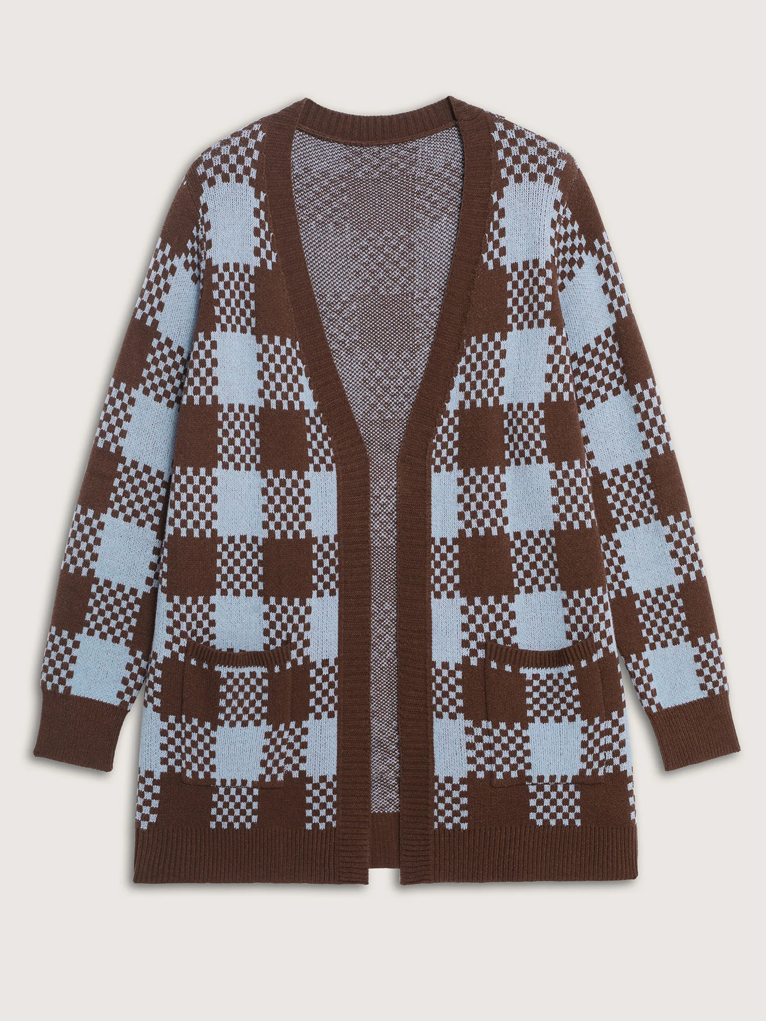 Checkered Pattern Pockets Knit Cardigan - Image 6