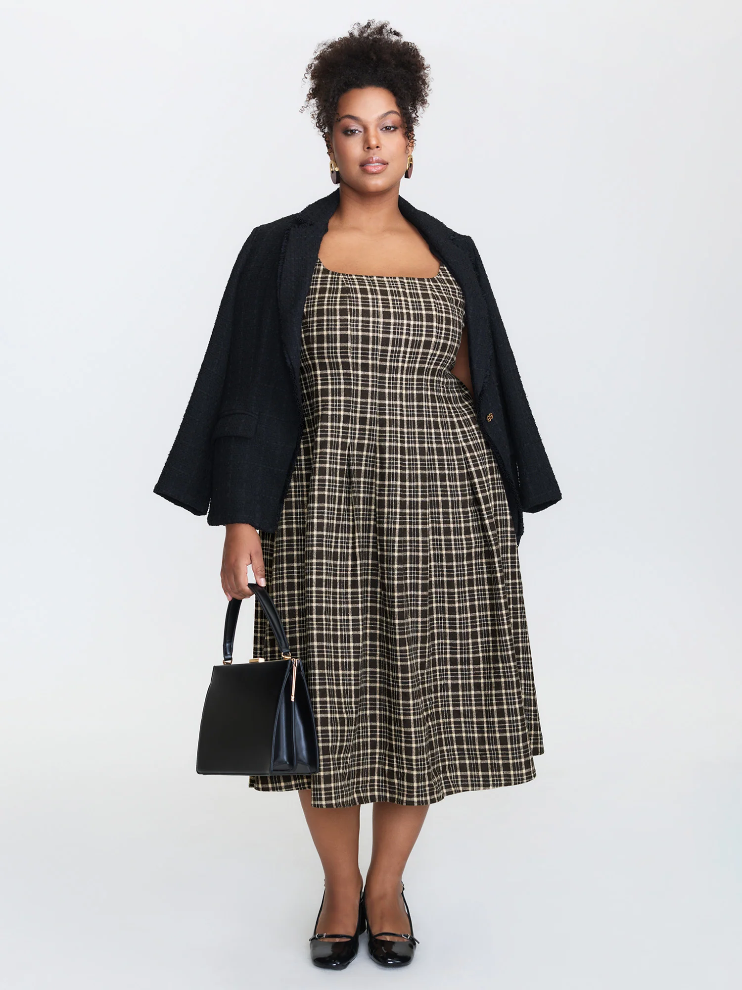 Checkered Pattern Shirred Back Midi Dress - Image 2
