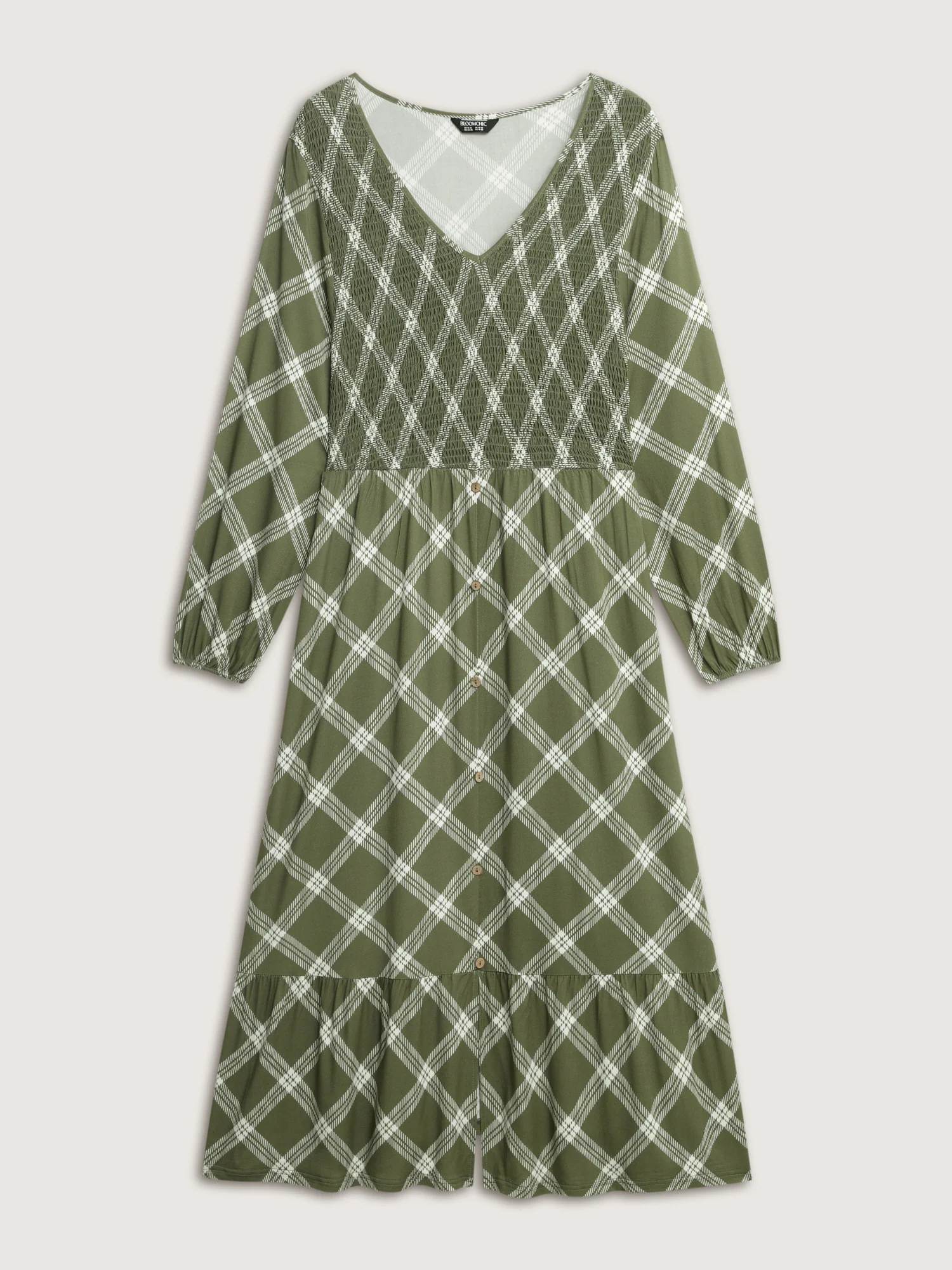 Checkered Pattern Shirred Pockets Midi Dress - Image 7