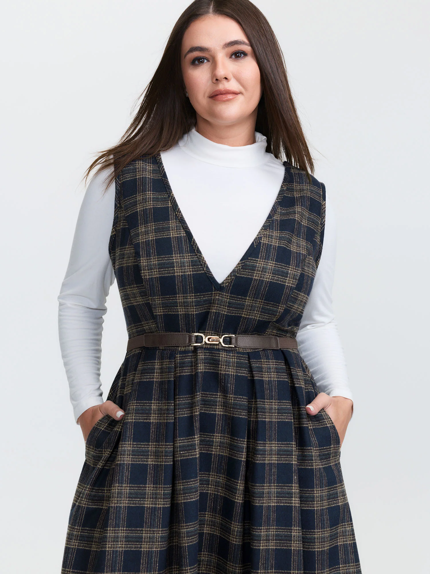 Checkered Pleated Pocket Midi Dress - Image 2