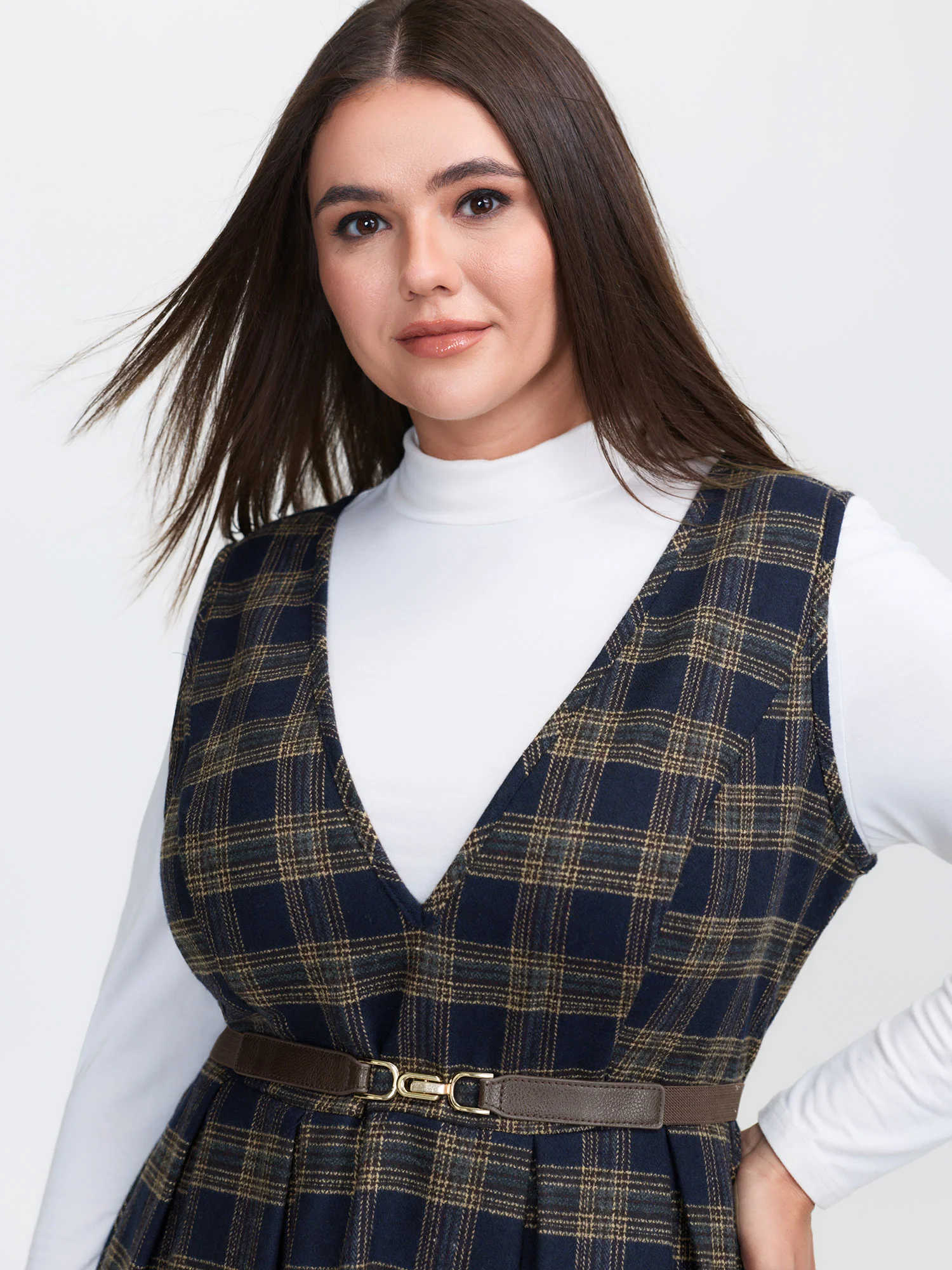 Checkered Pleated Pocket Midi Dress - Image 3