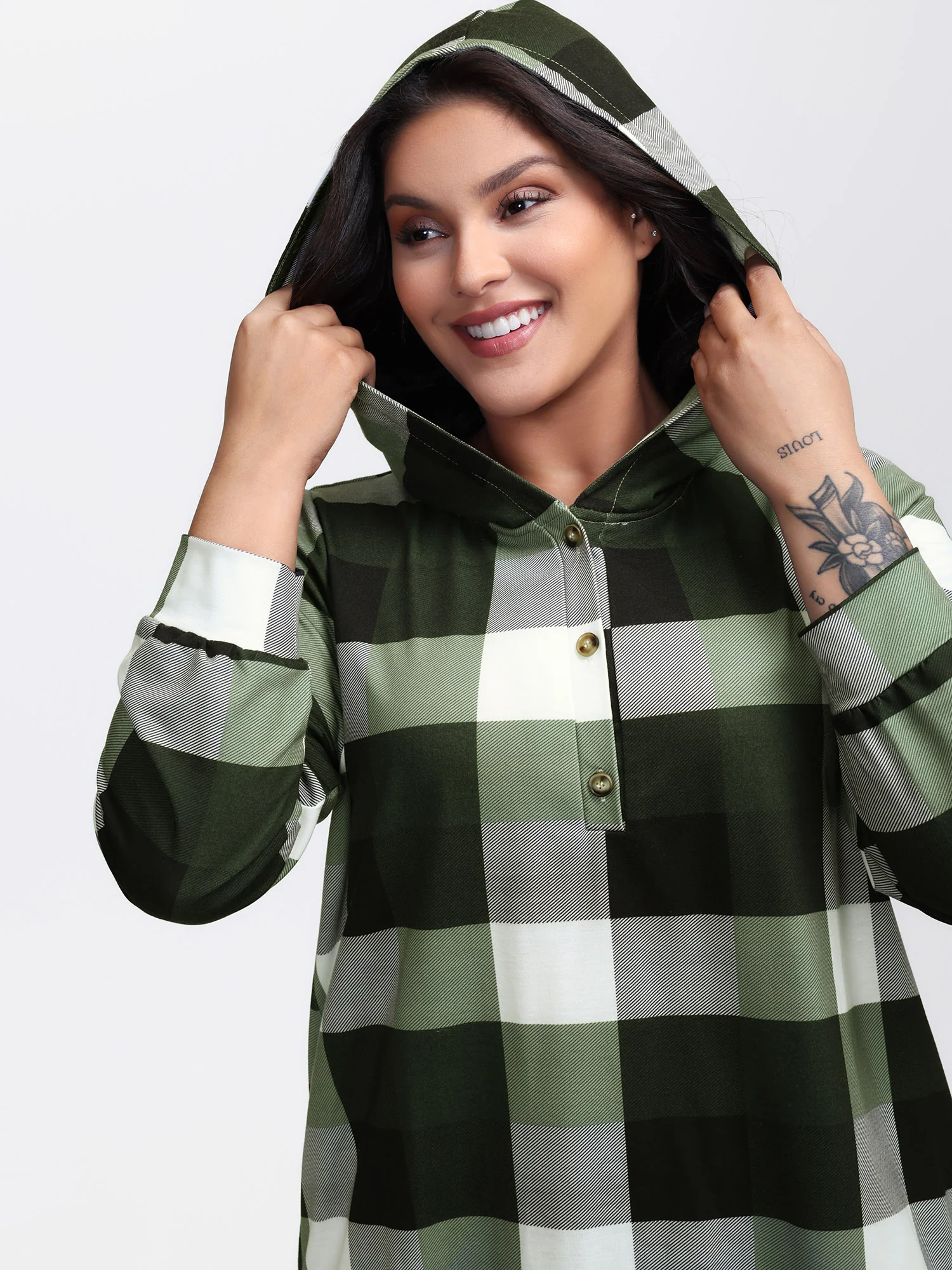 Checkered Print Button Hoodie