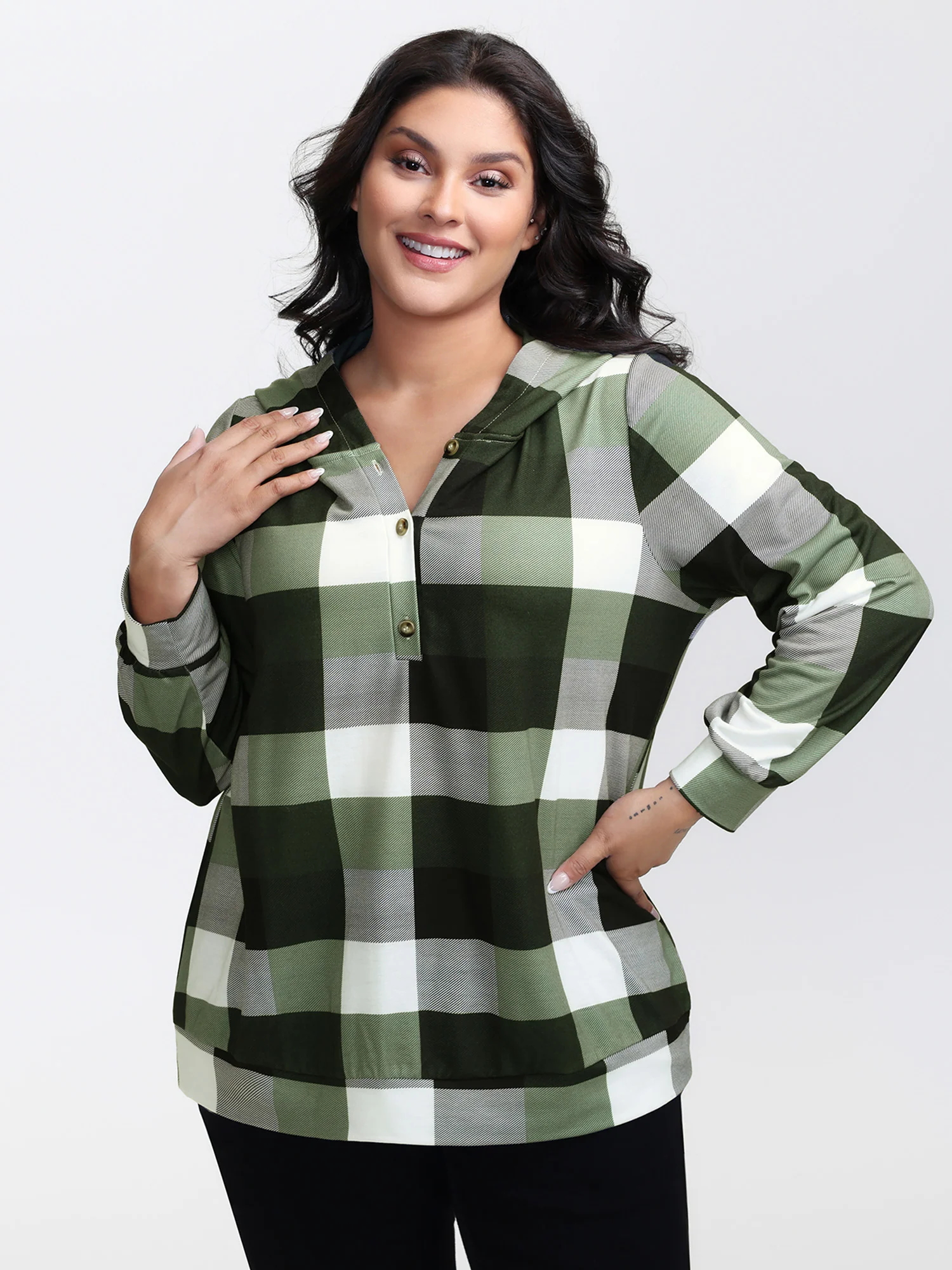 Checkered Print Button Hoodie - Image 2