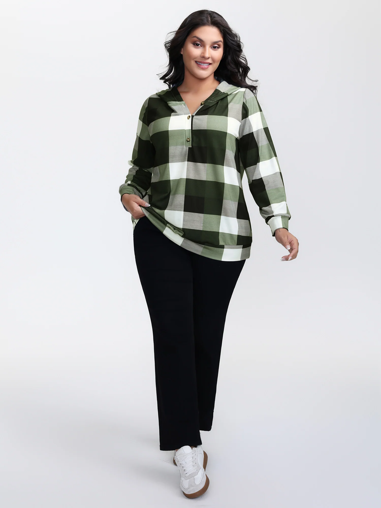 Checkered Print Button Hoodie - Image 3