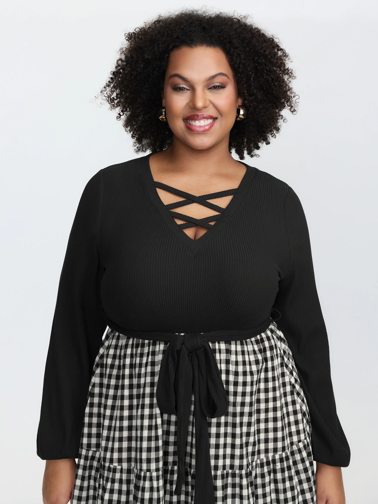 Checkered Print Color Contrast Waist-Tie Midi Dress - Image 2