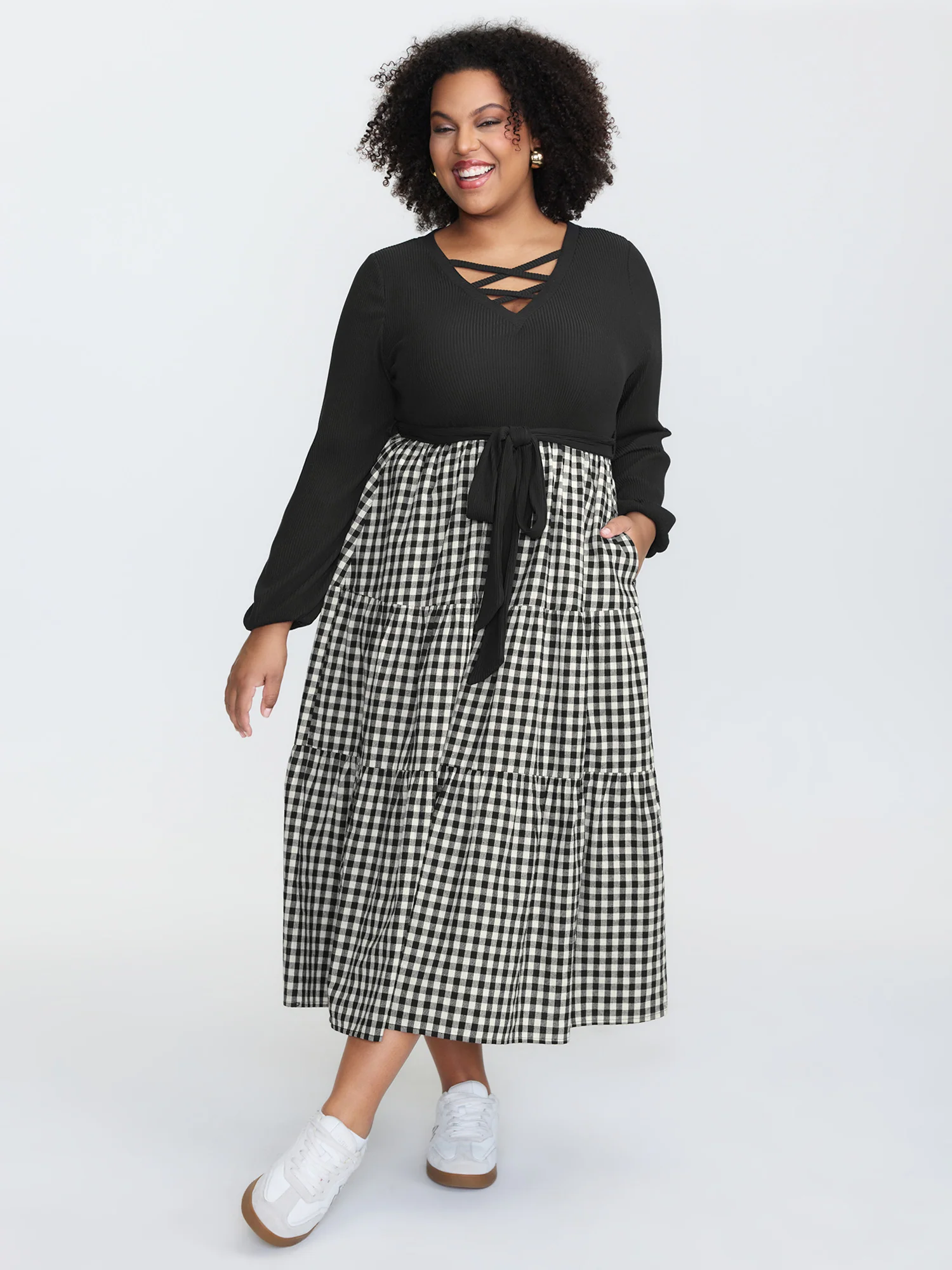 Checkered Print Color Contrast Waist-Tie Midi Dress - Image 3