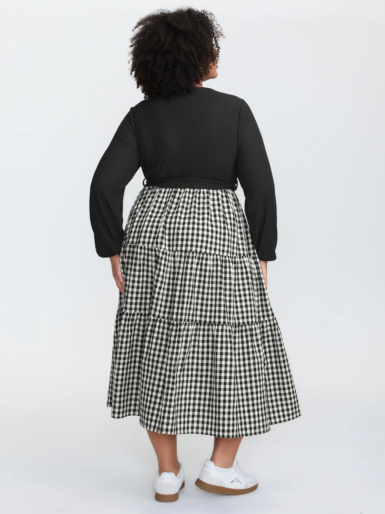 Checkered Print Color Contrast Waist-Tie Midi Dress - Image 4