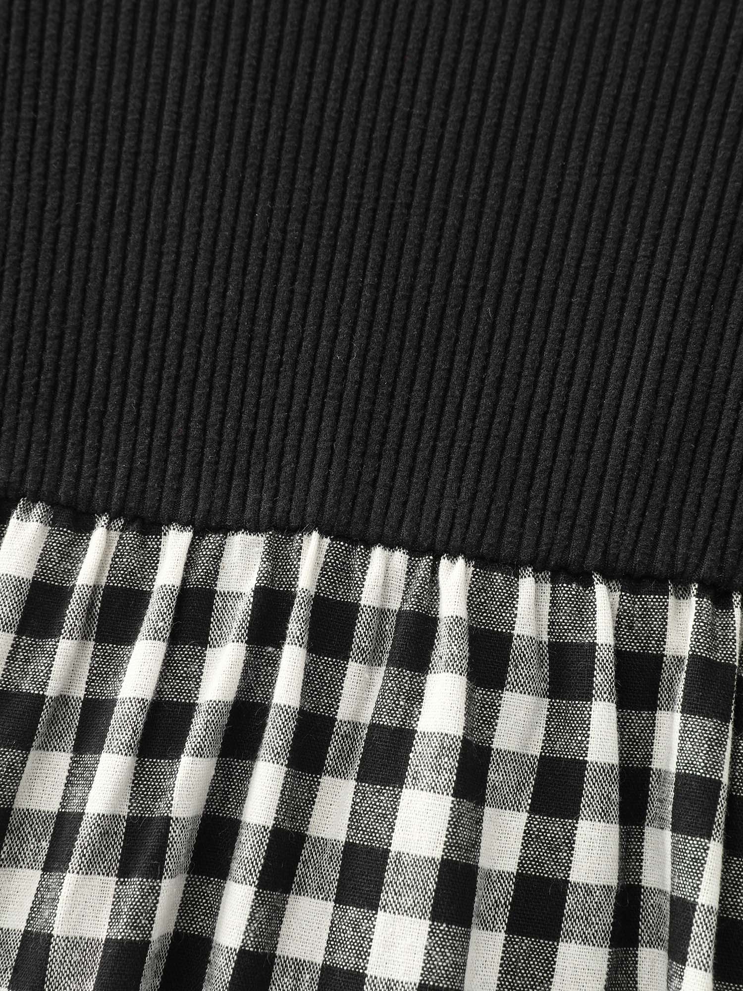 Checkered Print Color Contrast Waist-Tie Midi Dress - Image 6