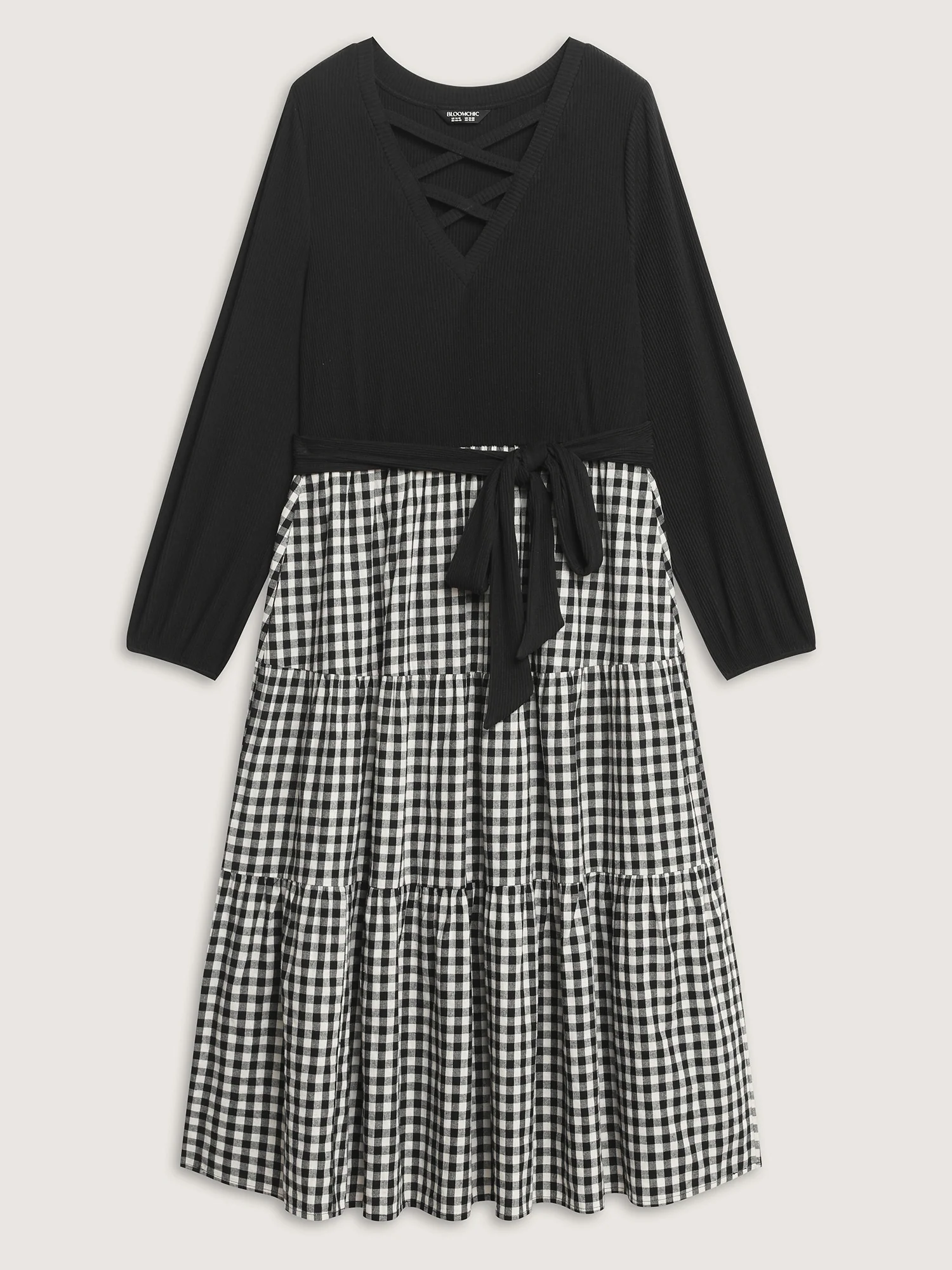 Checkered Print Color Contrast Waist-Tie Midi Dress - Image 7