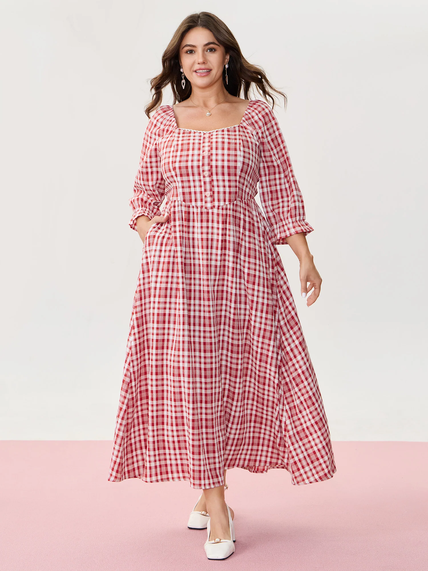 Checkered Print Pockets Button Maxi Dress