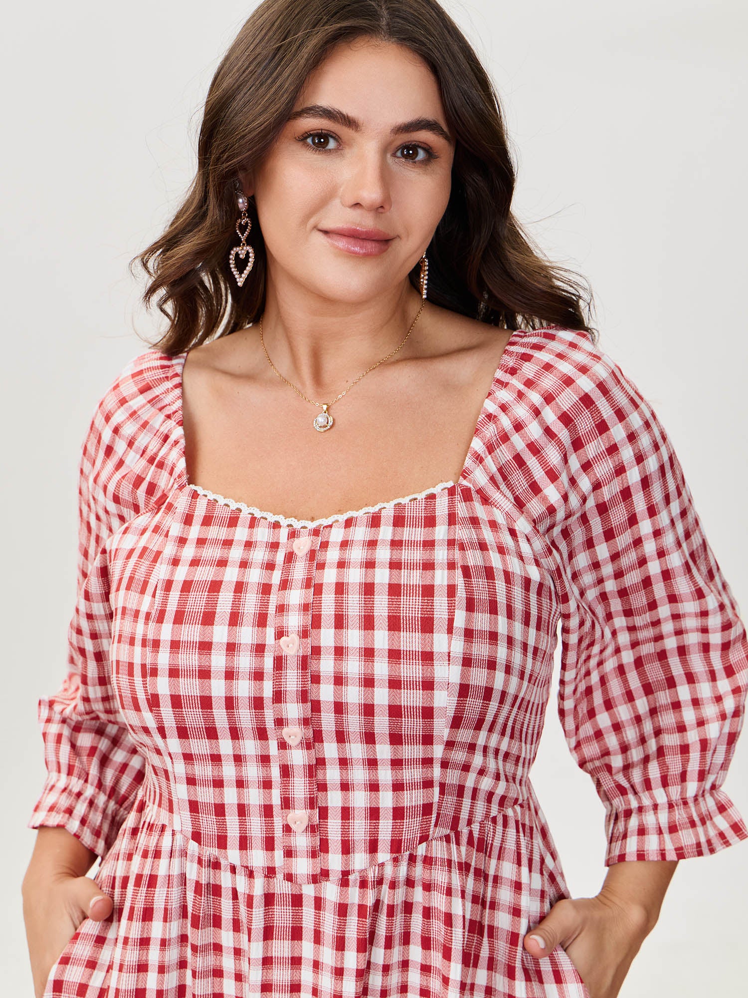 Checkered Print Pockets Button Maxi Dress - Image 3