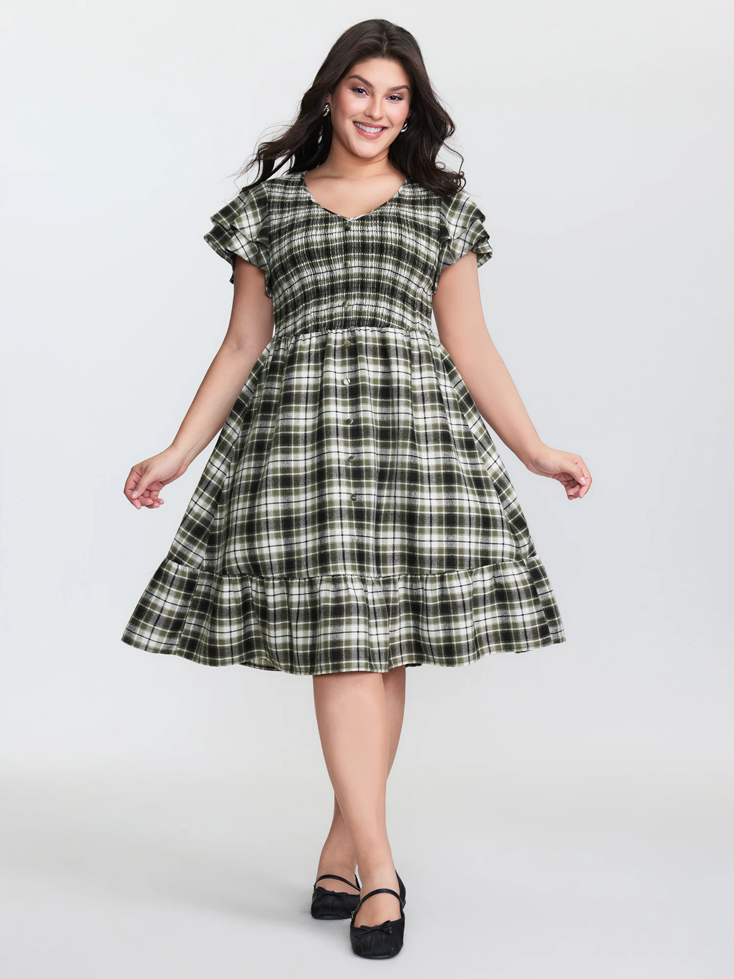 Checkered Print Shirred Waist Button Mini Dress - Image 2