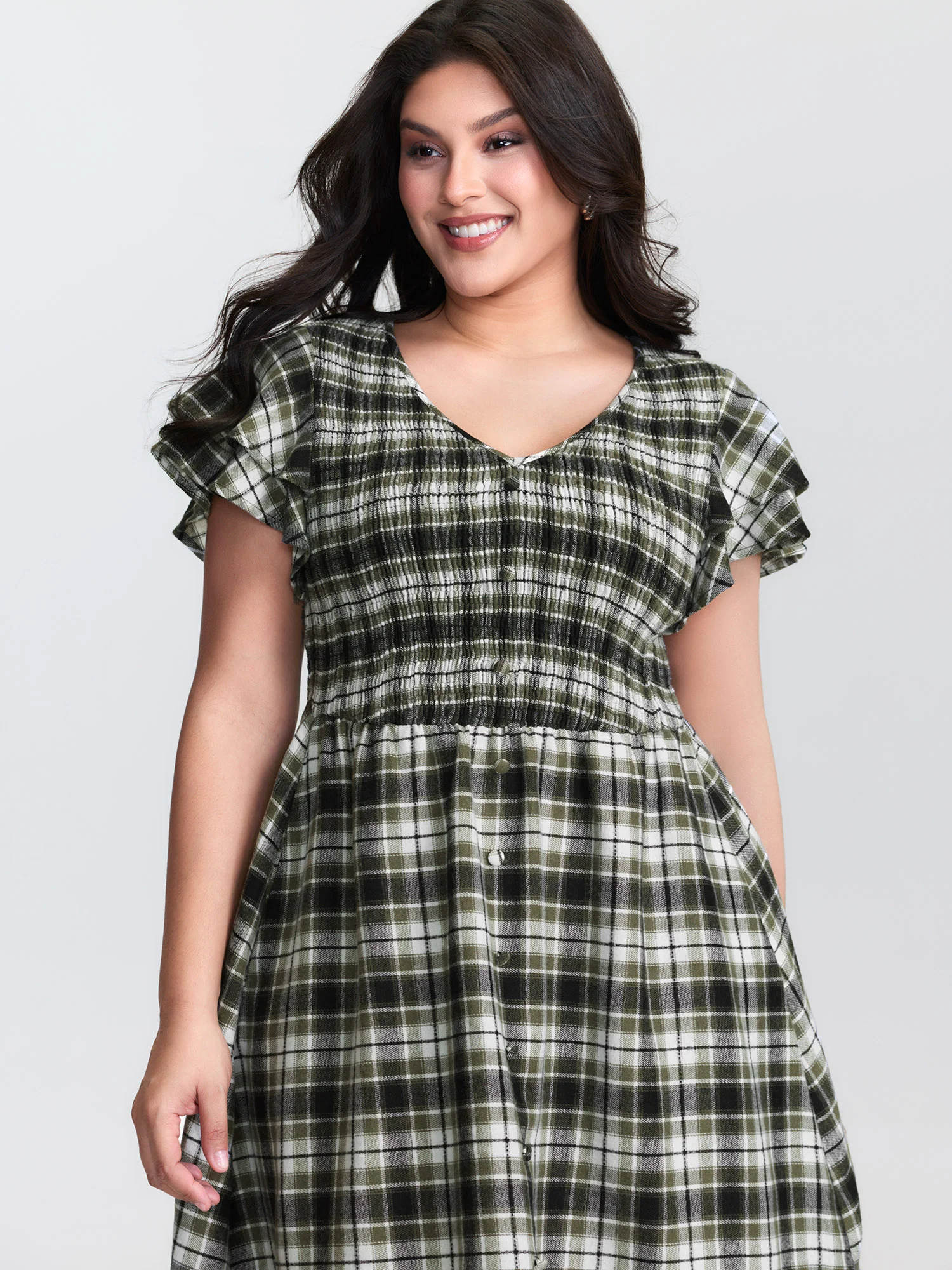Checkered Print Shirred Waist Button Mini Dress - Image 3