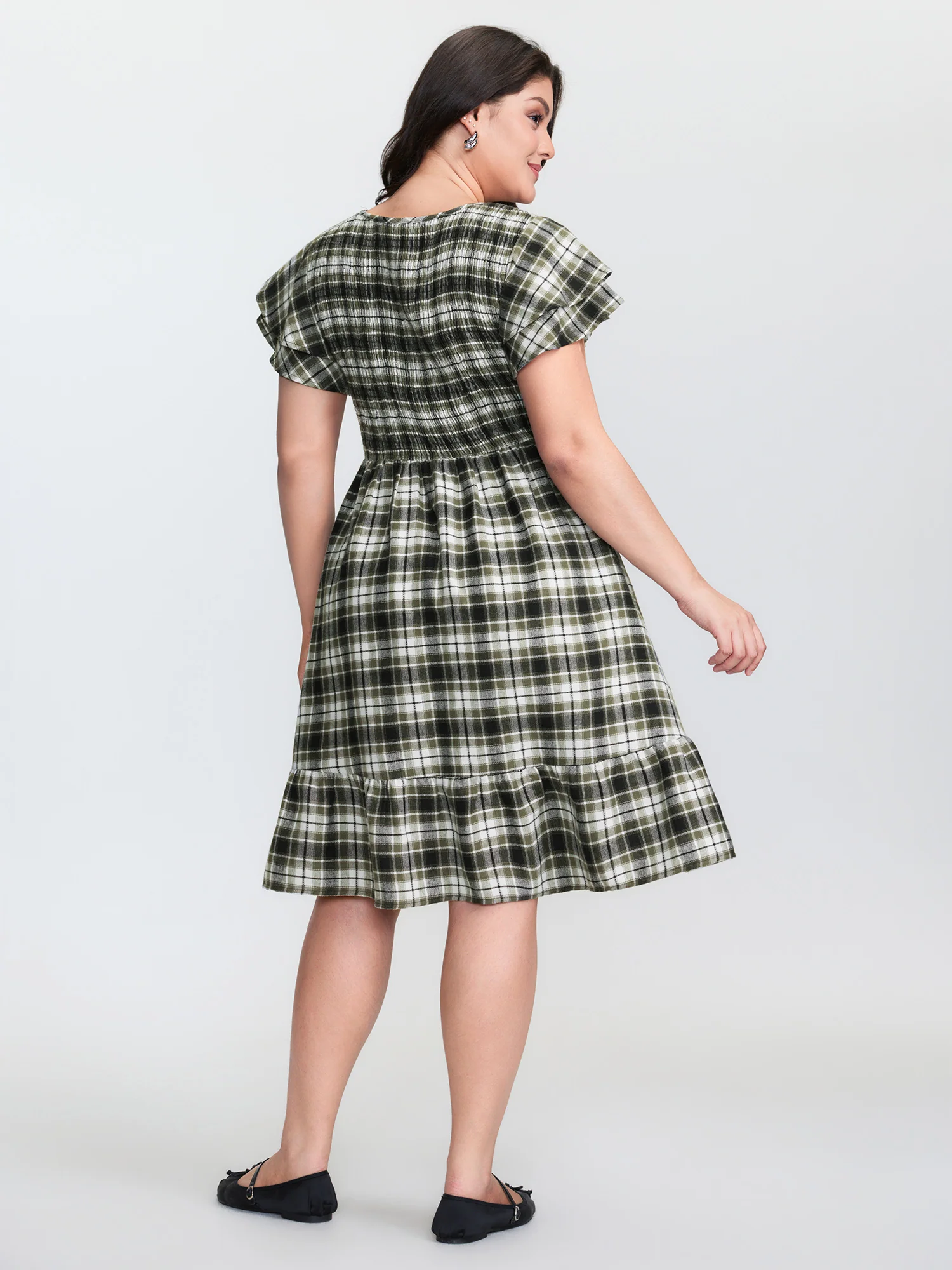 Checkered Print Shirred Waist Button Mini Dress - Image 5