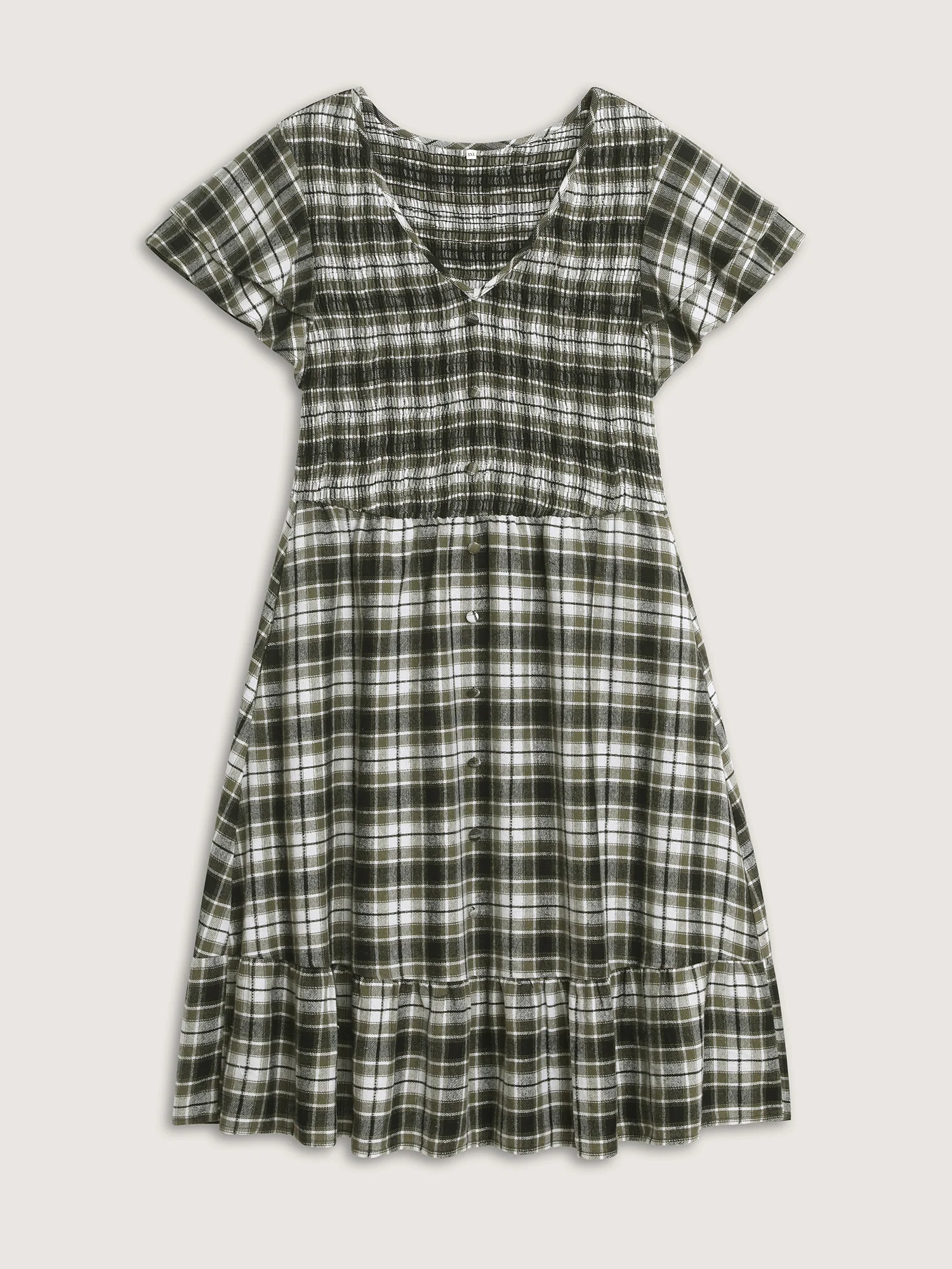 Checkered Print Shirred Waist Button Mini Dress - Image 8