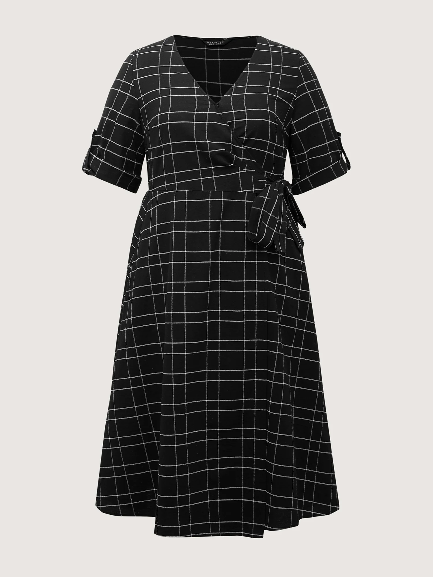 Checkered Print Wrap Pockets Midi Dress - Image 8