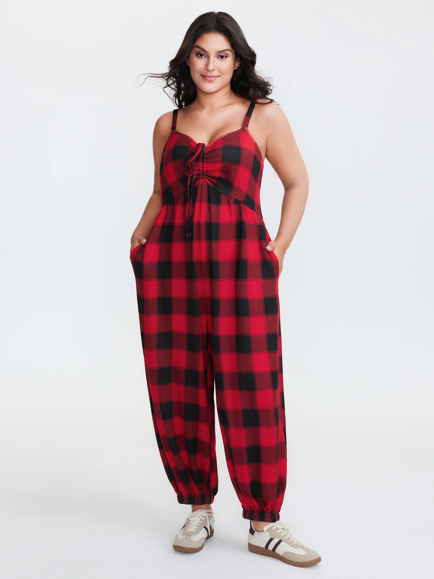 Checkered Shirred Drawstring Pockets Jumpsuit - Image 3