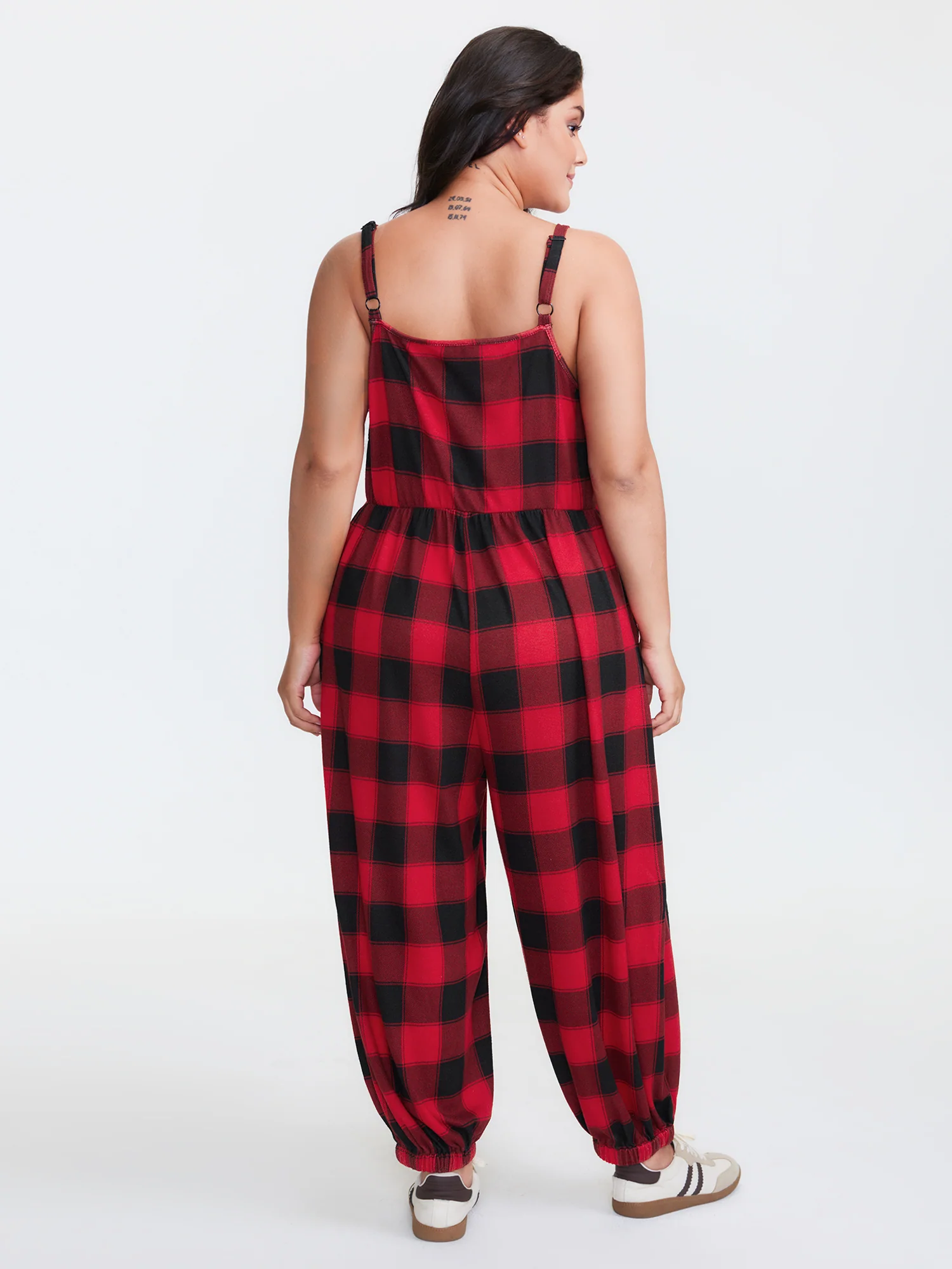 Checkered Shirred Drawstring Pockets Jumpsuit - Image 4
