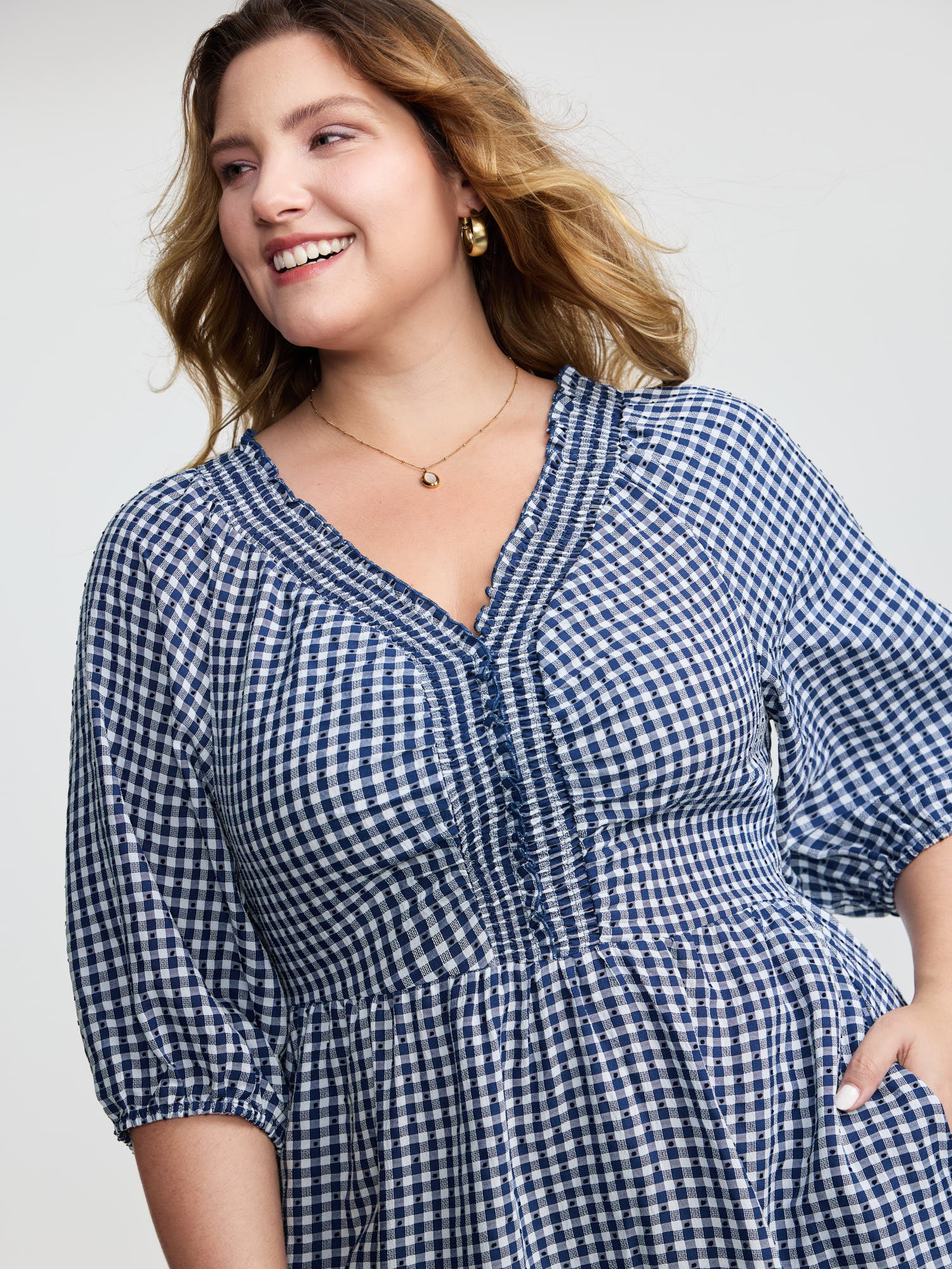 Checkered Shirred Pockets Tiered Maxi Dress - Image 2