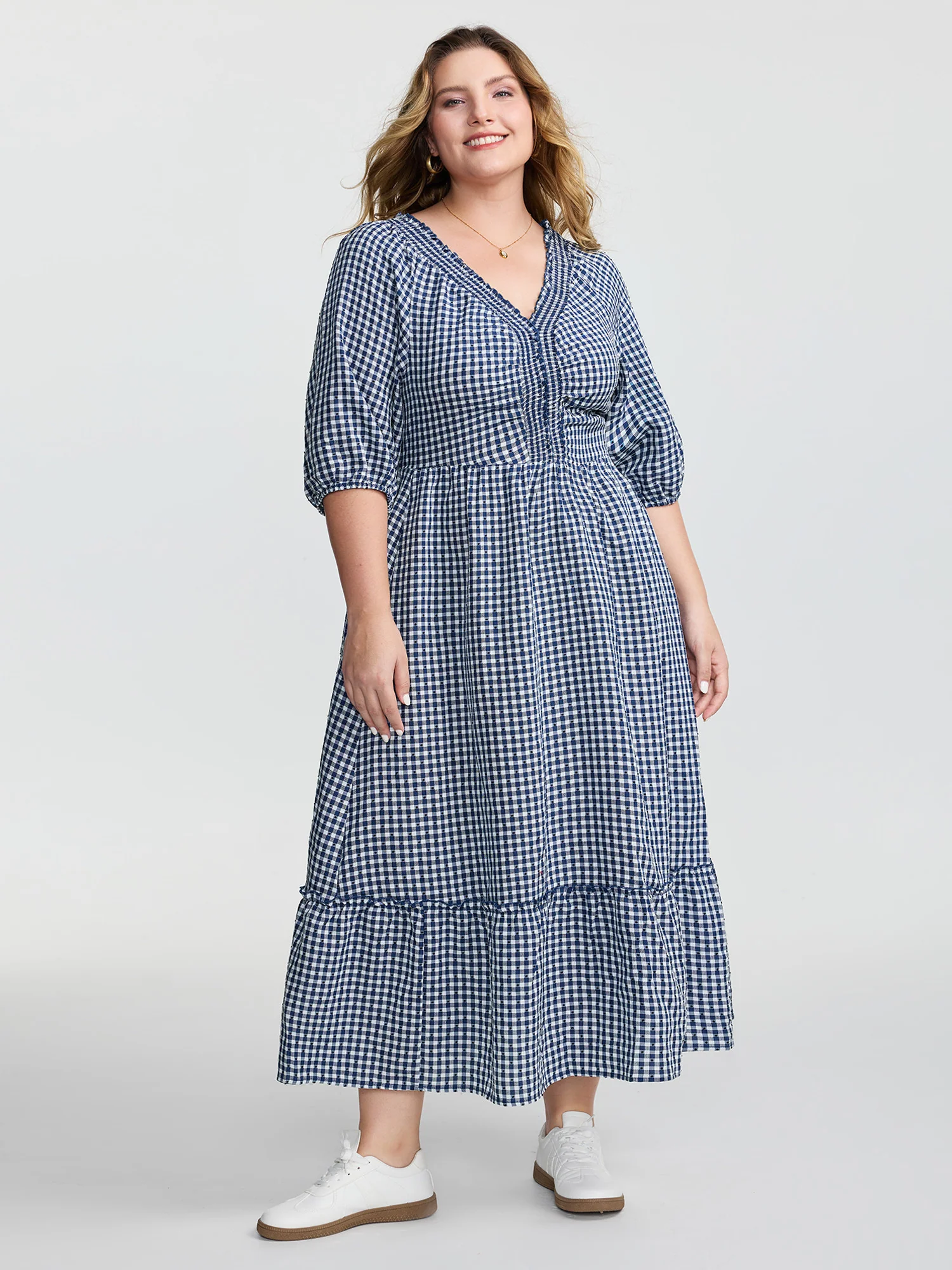 Checkered Shirred Pockets Tiered Maxi Dress - Image 3