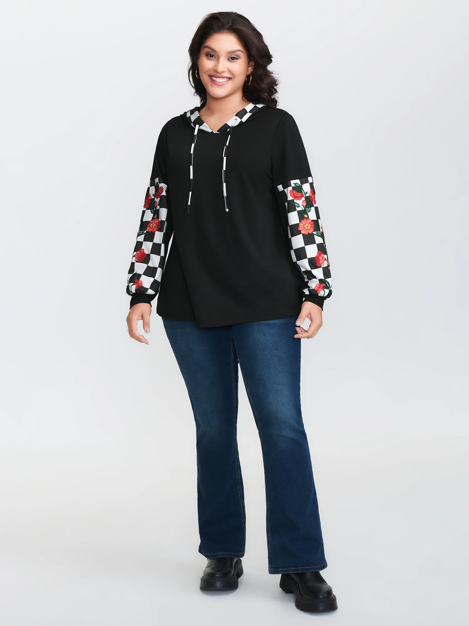 Checkered Stretchy Color Contrast Hoodie - Image 3