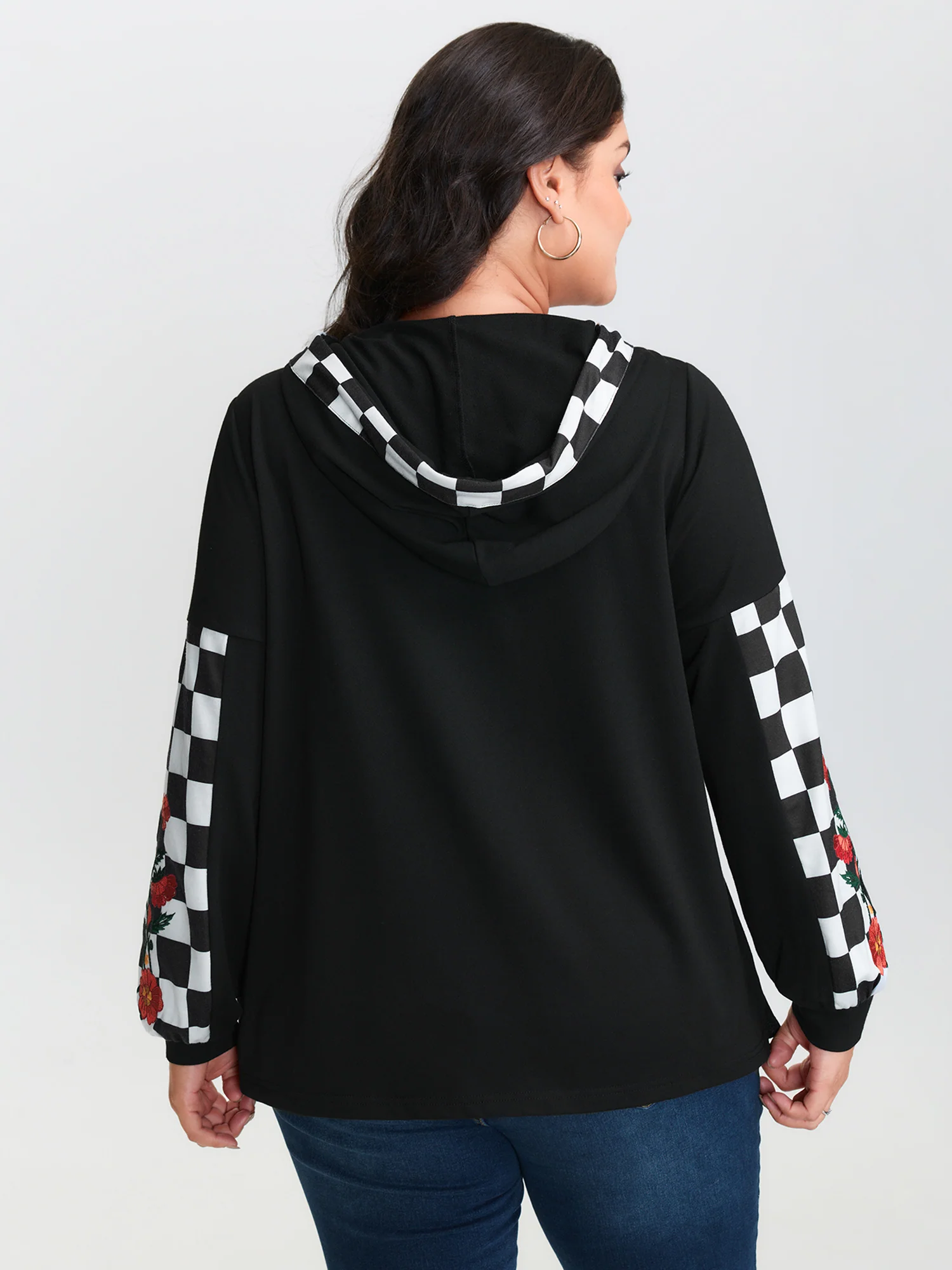 Checkered Stretchy Color Contrast Hoodie - Image 4