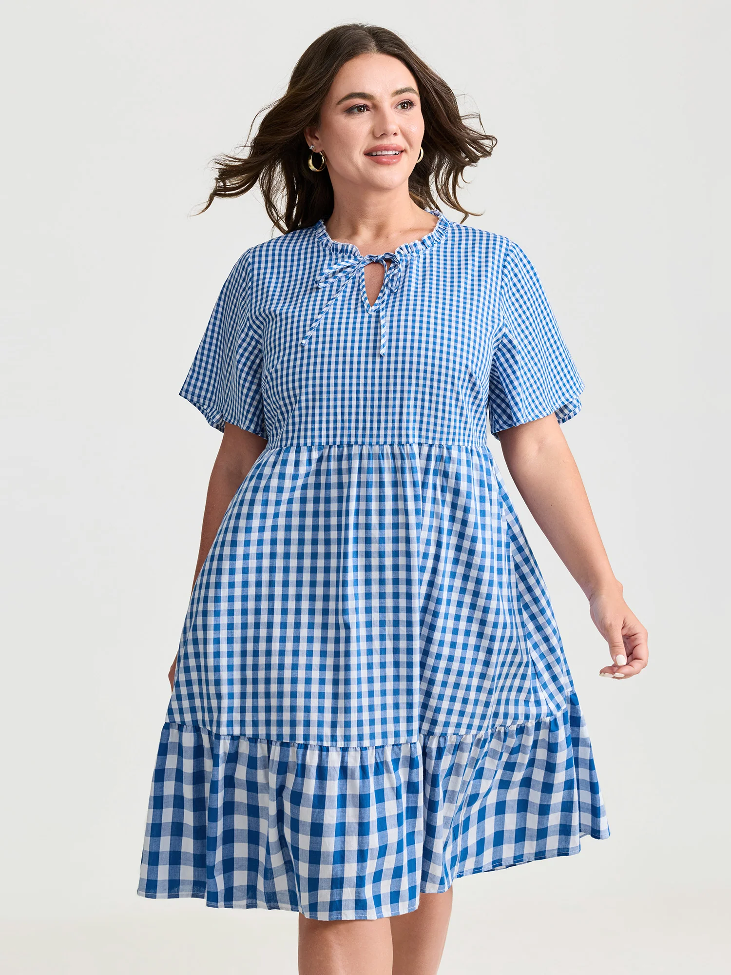 Checkered Stripe Flared Sleeve Pockets Mini Dress