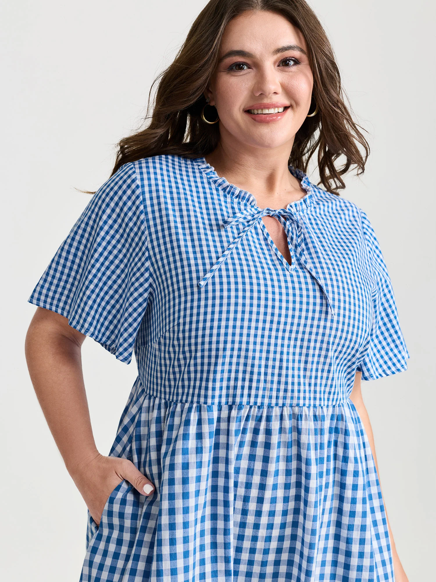 Checkered Stripe Flared Sleeve Pockets Mini Dress - Image 2