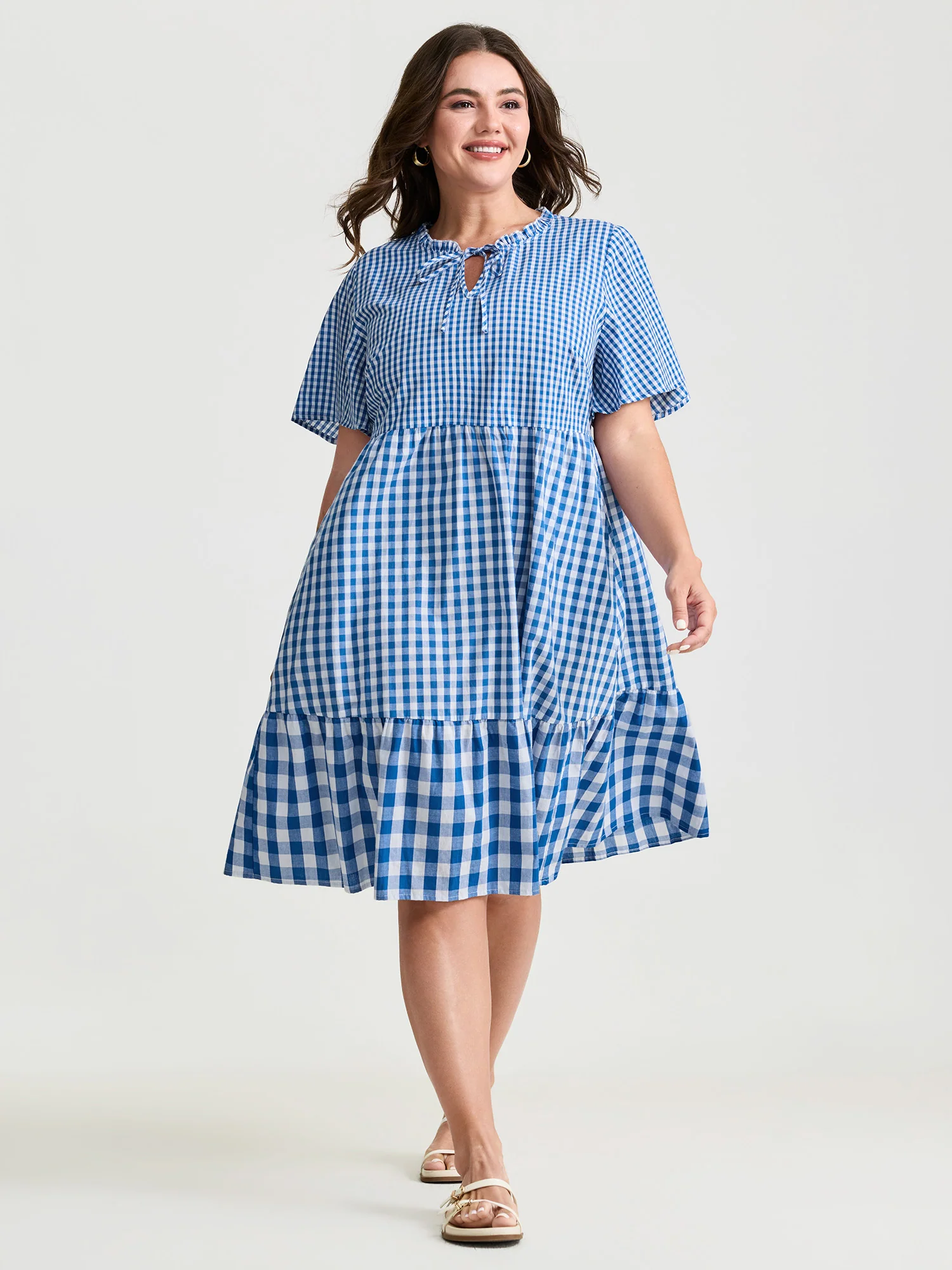 Checkered Stripe Flared Sleeve Pockets Mini Dress - Image 3