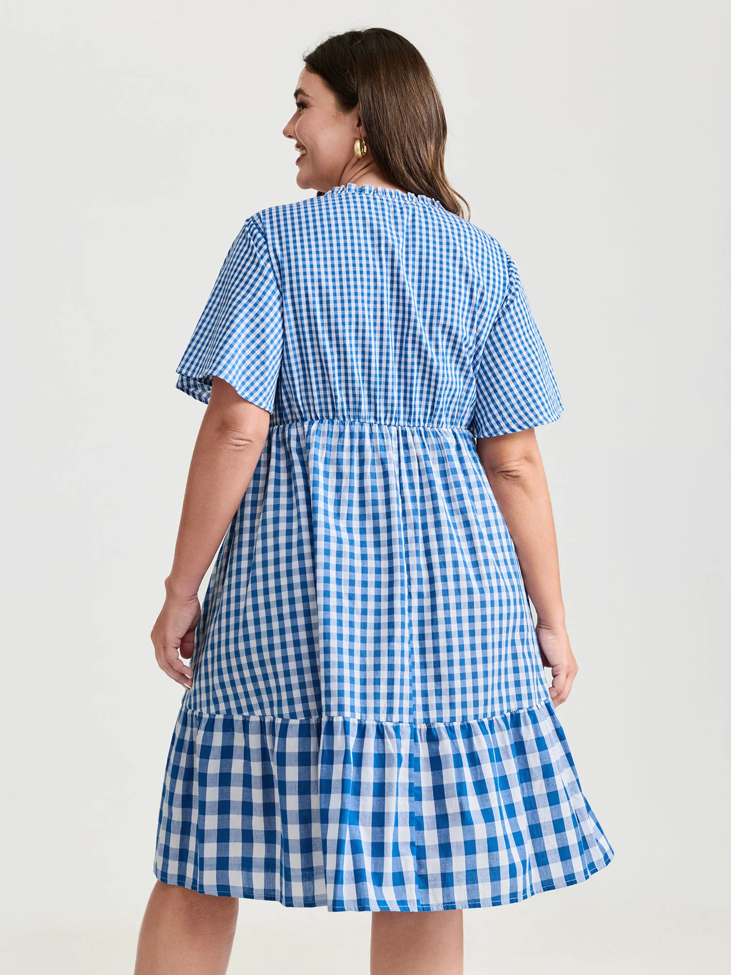 Checkered Stripe Flared Sleeve Pockets Mini Dress - Image 4